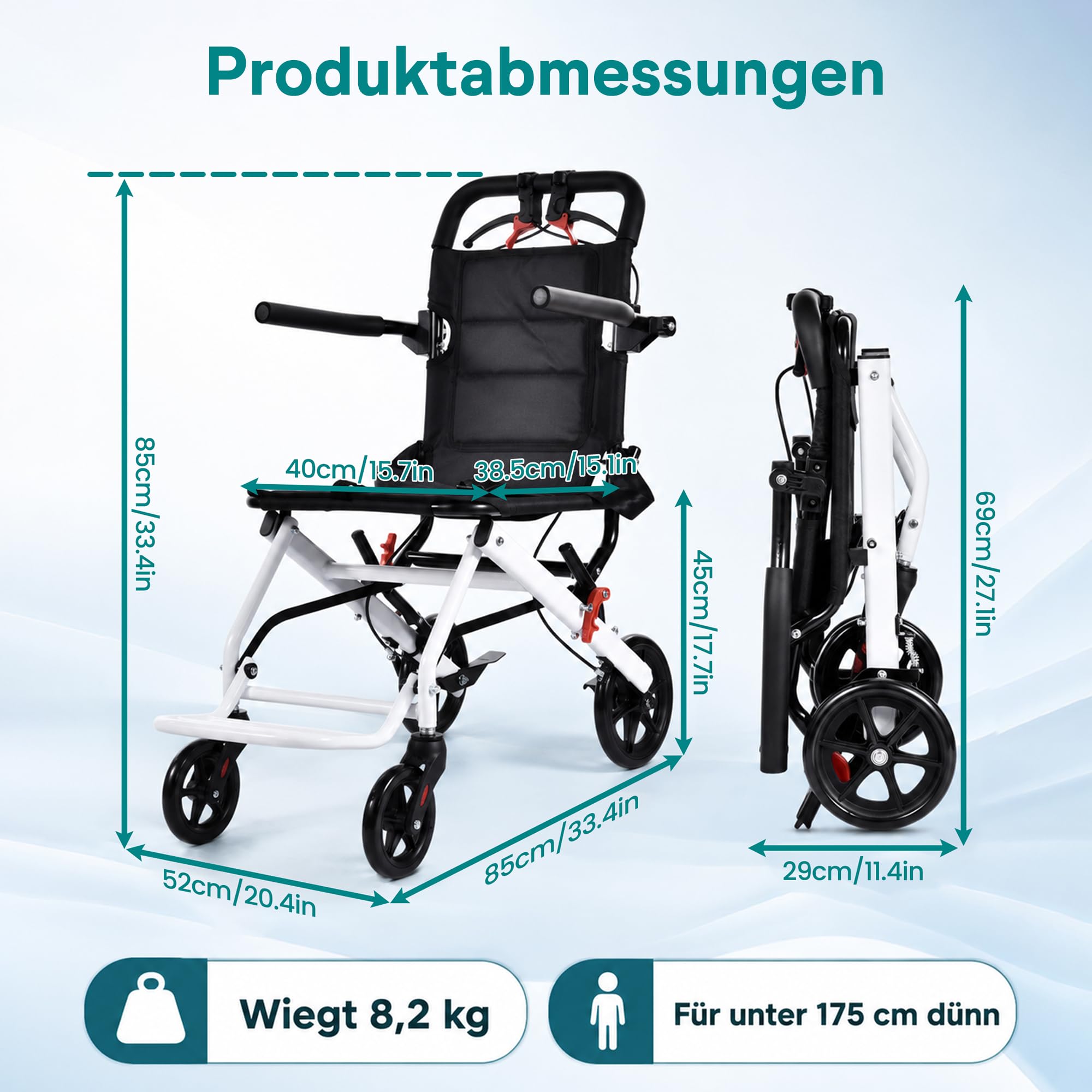 Silla de ruedas plegable ultraligera con frenos, capacidad de carga de 100 kg, silla de ruedas de aleación de acero al carbono, ideal para menores de 180 cm de grosor y ancianos, asiento de 40 cm