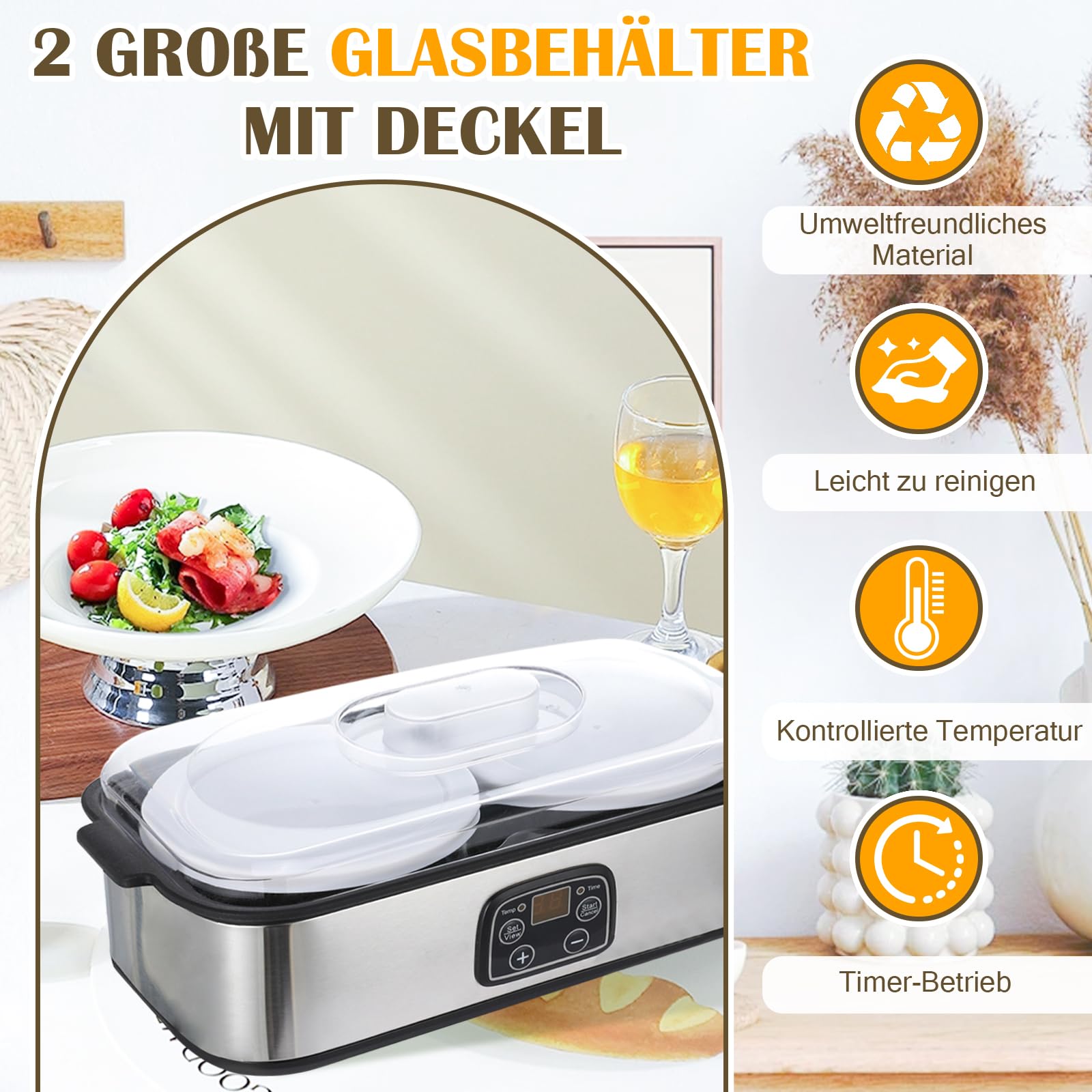 2L Joghurtbereiter,Joghurtmaschine mit 2 Gläsern,Joghurt Maker mit Temperatursteuerung und Time, multifunktionaler automatischer griechischer Joghurtbereiter, (EU -Stecker 220 V)