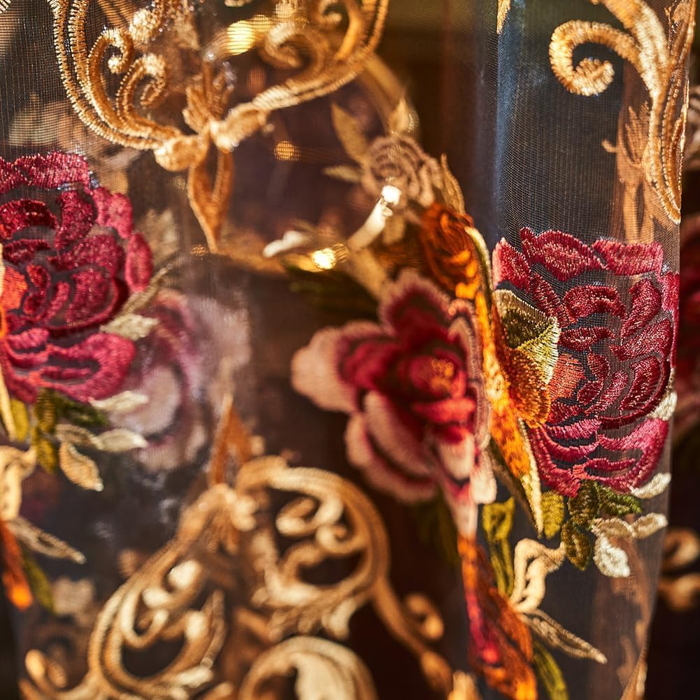 NAPEARL Luxury Embroidered Curtains for Living Room, European Style Curtain Drapes with Floral Patterns Pull Pleated Tape (52W x 84L, Floral 1)