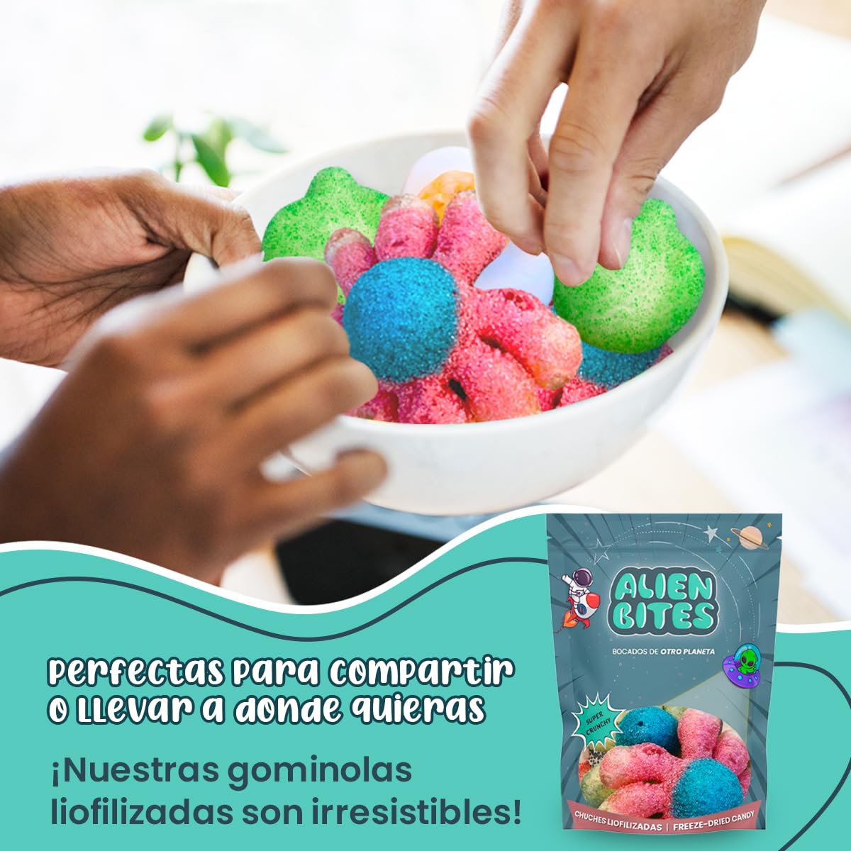Alien Bites - Pack de 4 Bolsas de 50g de Chuches Liofilizadas - Gominolas Freeze Dried - Chuches para Cumpleaños, Regalos y Snacks - Sin Gluten (Pulpo, huevo, manzana, cola) (P1)