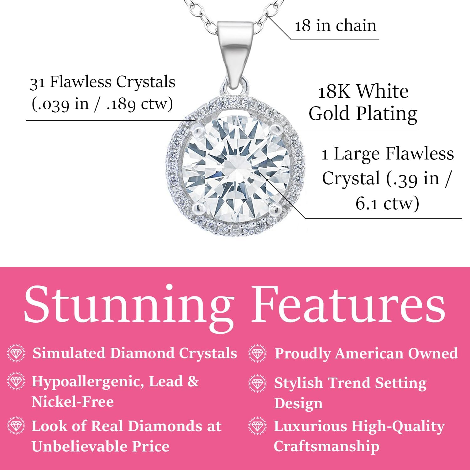 Cate & Chloe Sophia 18k White Gold-Plated Halo Pendant Necklace with Simulated Diamond Crystals, Elegant Pendant Necklace Jewelry for Women, Gift for Her on Christmas, Anniversary, Birthday