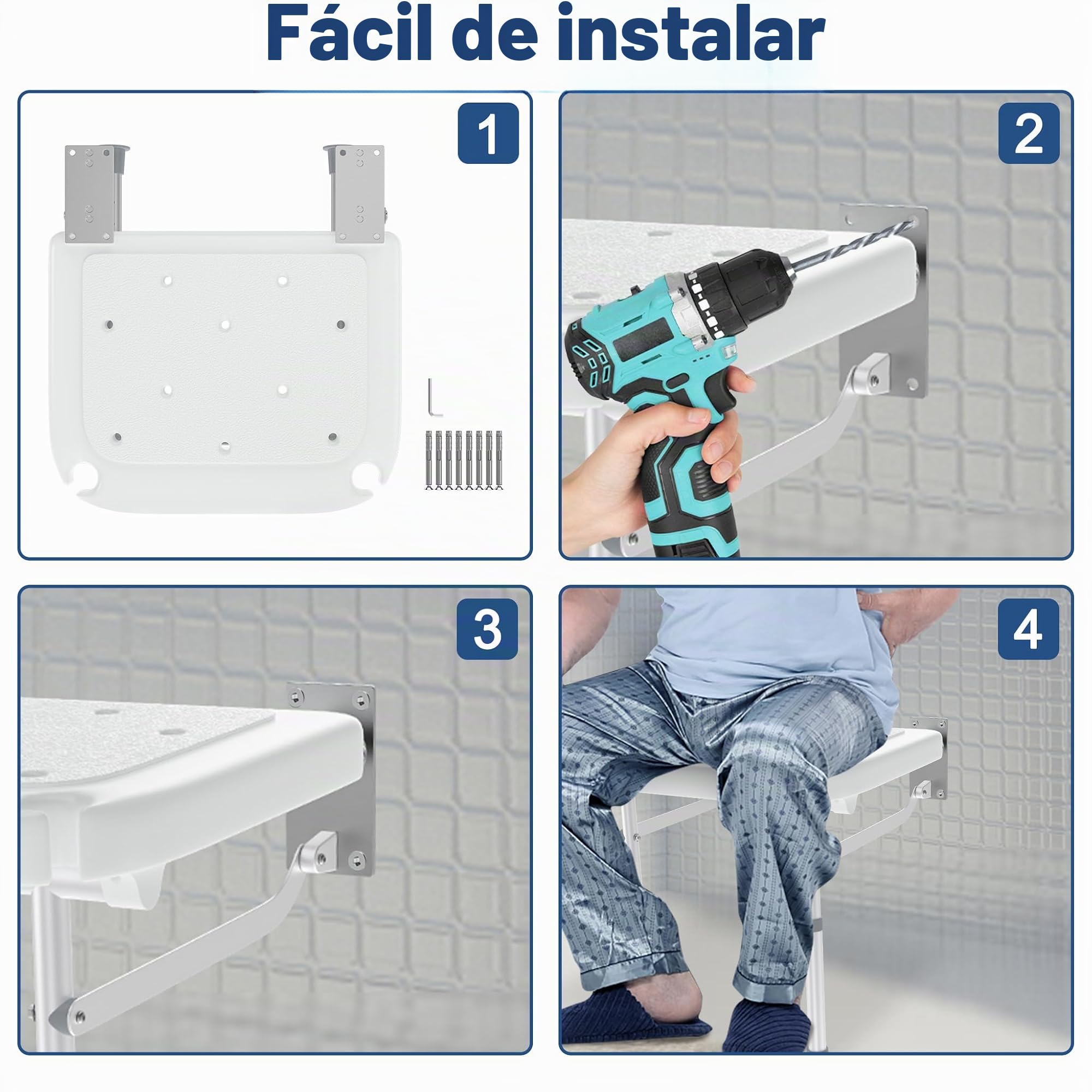 YRHome Asiento de ducha plegable para montaje en pared, silla de ducha plegable con soporte para ducha, asiento antideslizante con drenaje y ahorro de espacio, altura ajustable para personas mayores