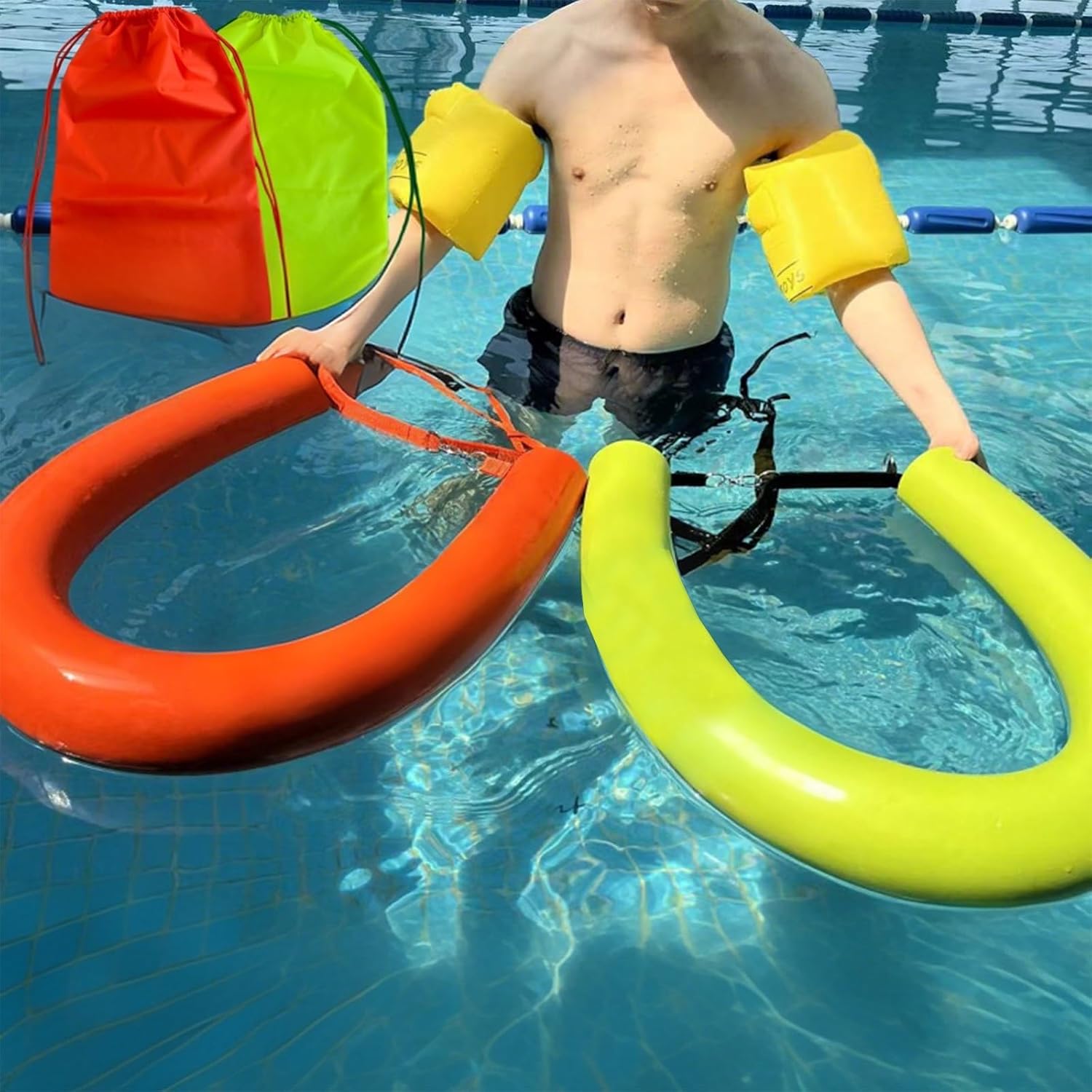 Green/Orange Foam Pool Noodles for Swimming - 2-Pack, Non Inflatable Floating Pools Noodle Tube Flotation Support Tools, Flexible Water Float Stick