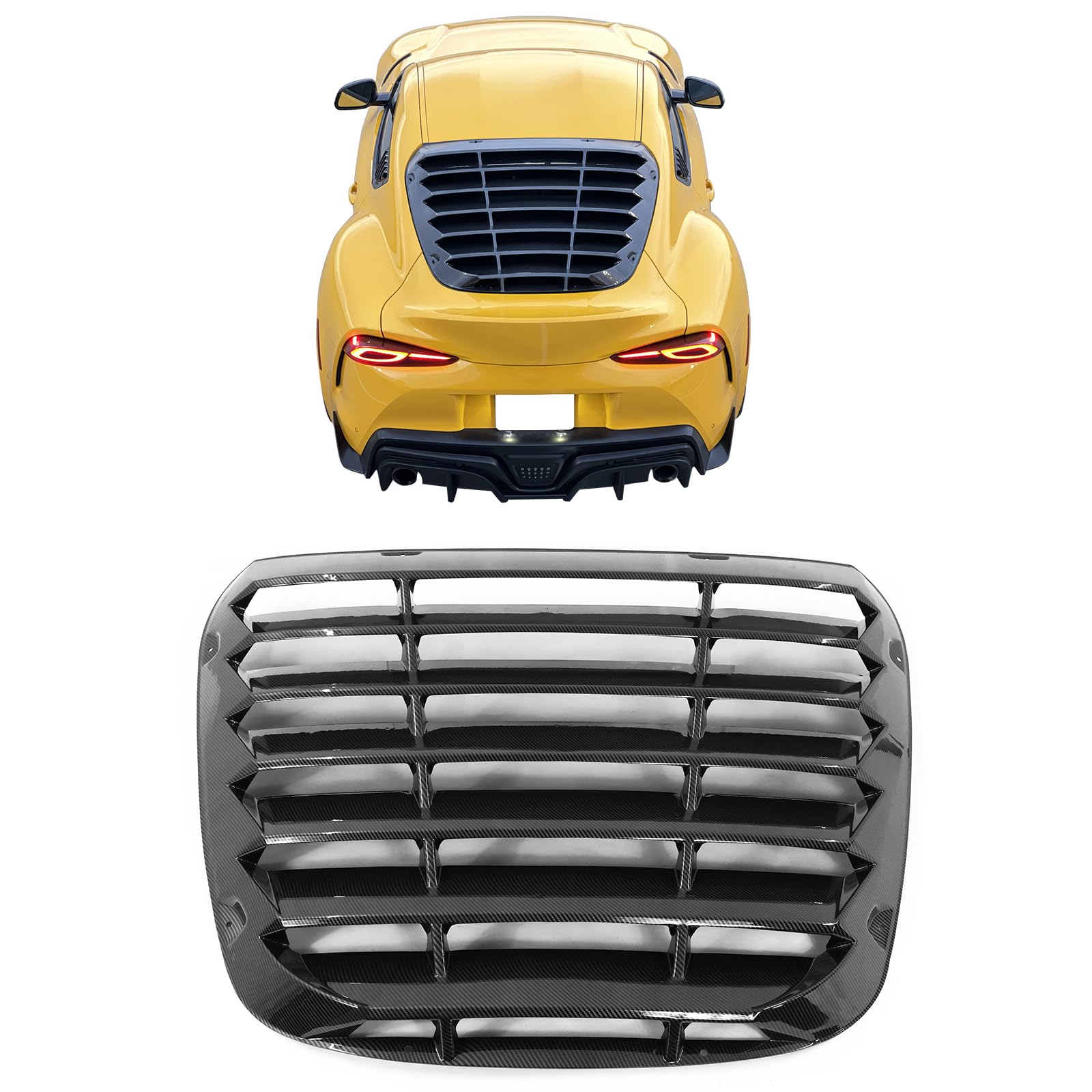 IKON MOTORSPORTS, Window Louver Compatible with 2020-2025 Toyota GR Supra A90 A91, Rear Window Louver Windshield Sun Shade Cover Bodykit IKON Style PP Polypropylene Carbon Fiber Print, 2021 2022