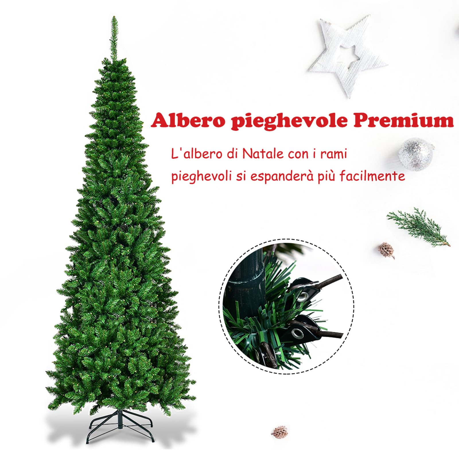 COSTWAY Albero di Natale 135/200/225 cm, Albero di Natale Slim con 150/250/350 Luci a LED Calde, 226/708/1085 Rami Folti e Base di Metallo, Ideale per Casa, Ufficio e Negozio (200 cm)