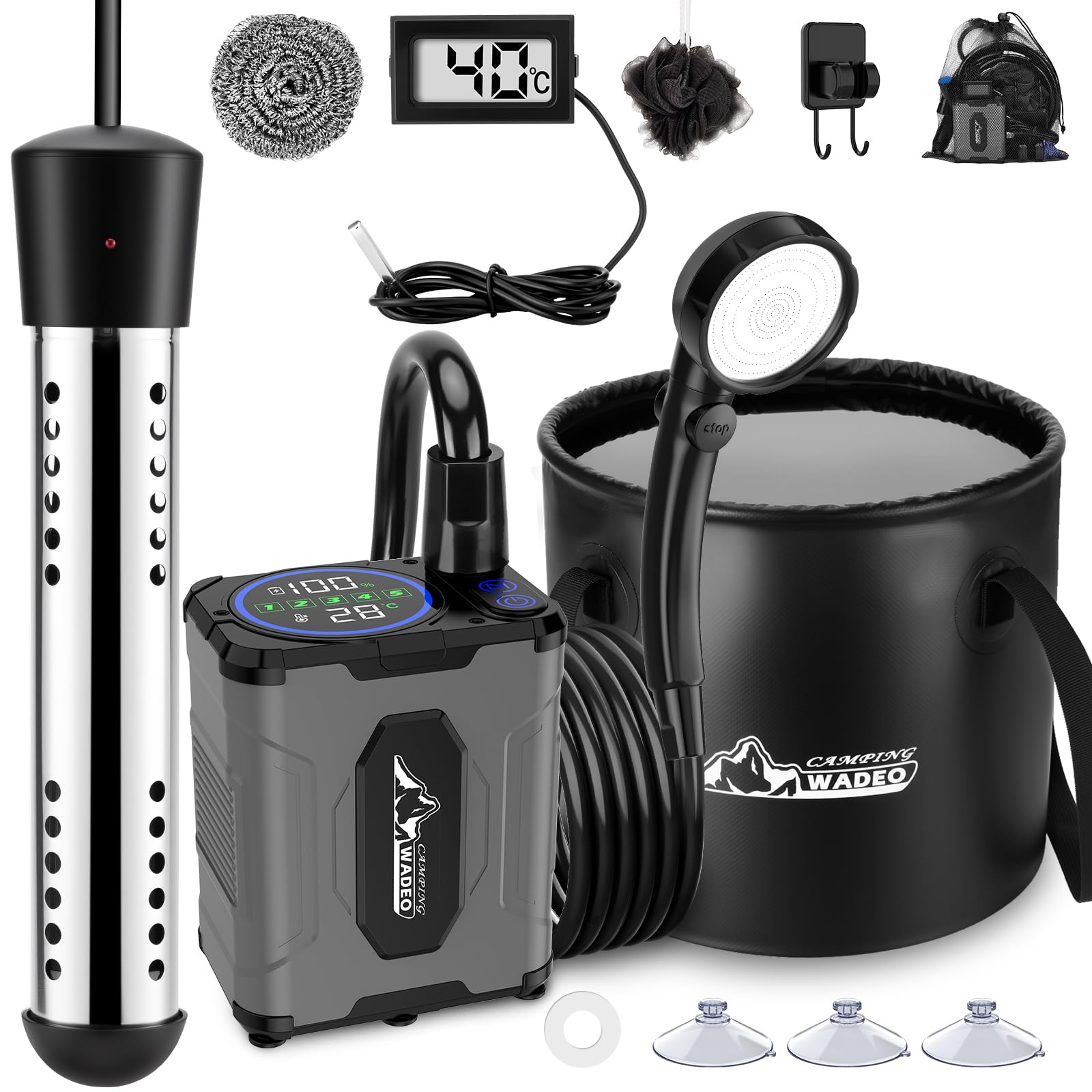 WADEO Doccia Portatile Campeggio con Acqua Calda, Autonomia fino a 10 Giorni, Display LED, Secchio Pieghevole 20L, Doccia Camper Ricaricabile USB, IPX8, per Viaggi, Spiaggia, Cani
