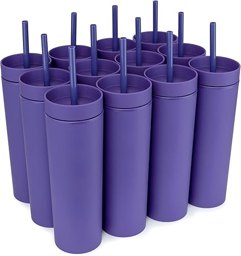 Vista 10 de STRATA CUPS Perwinkle - Vasos delgados con tapas y popotes (paquete de 4), vasos acrílicos de color pastel mate de 16 onzas con tapas y pajillas