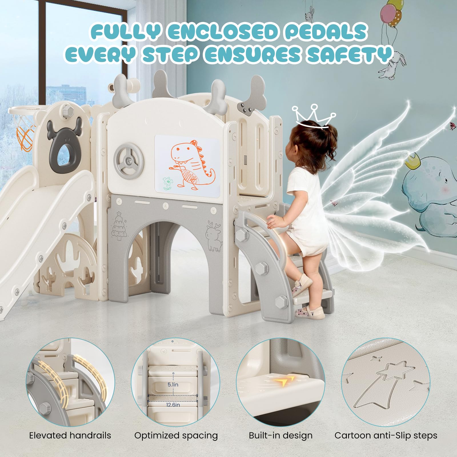 Tobogán Elk 10 en 1 con Canasta de Baloncesto, Golf, telescopio, Estructura para Escalar, tobogán Interior para niños, Juguetes Montessori para Parques Infantiles(Beige grisáceo)