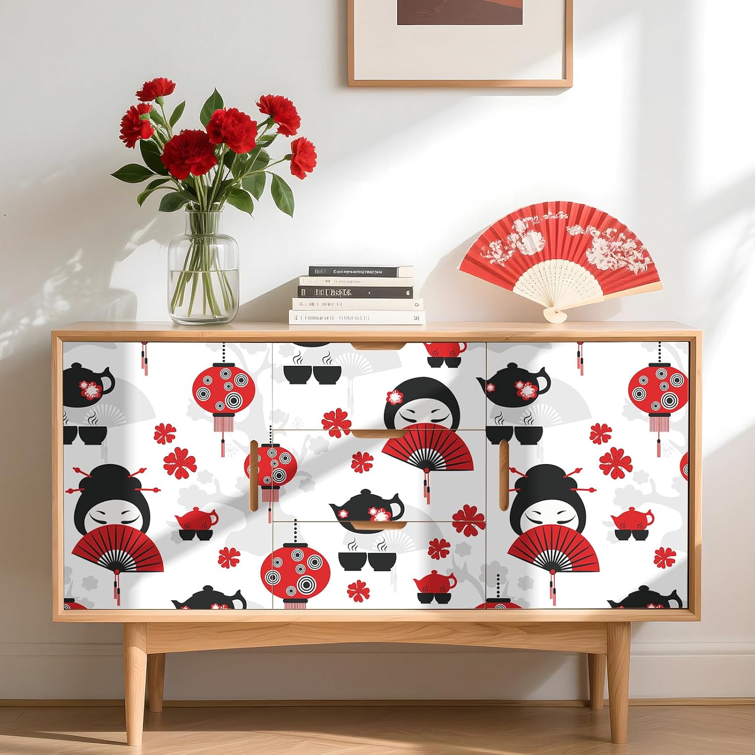 LaCheery Japanese Peel and Stick Wallpaper Red Black White Wallpaper Peel and Stick Kitchen 17.5"x276" Red Folding Fan Japanese Style Floral Mural Wall Paper Removable Contact Paper for Cabinets Walls