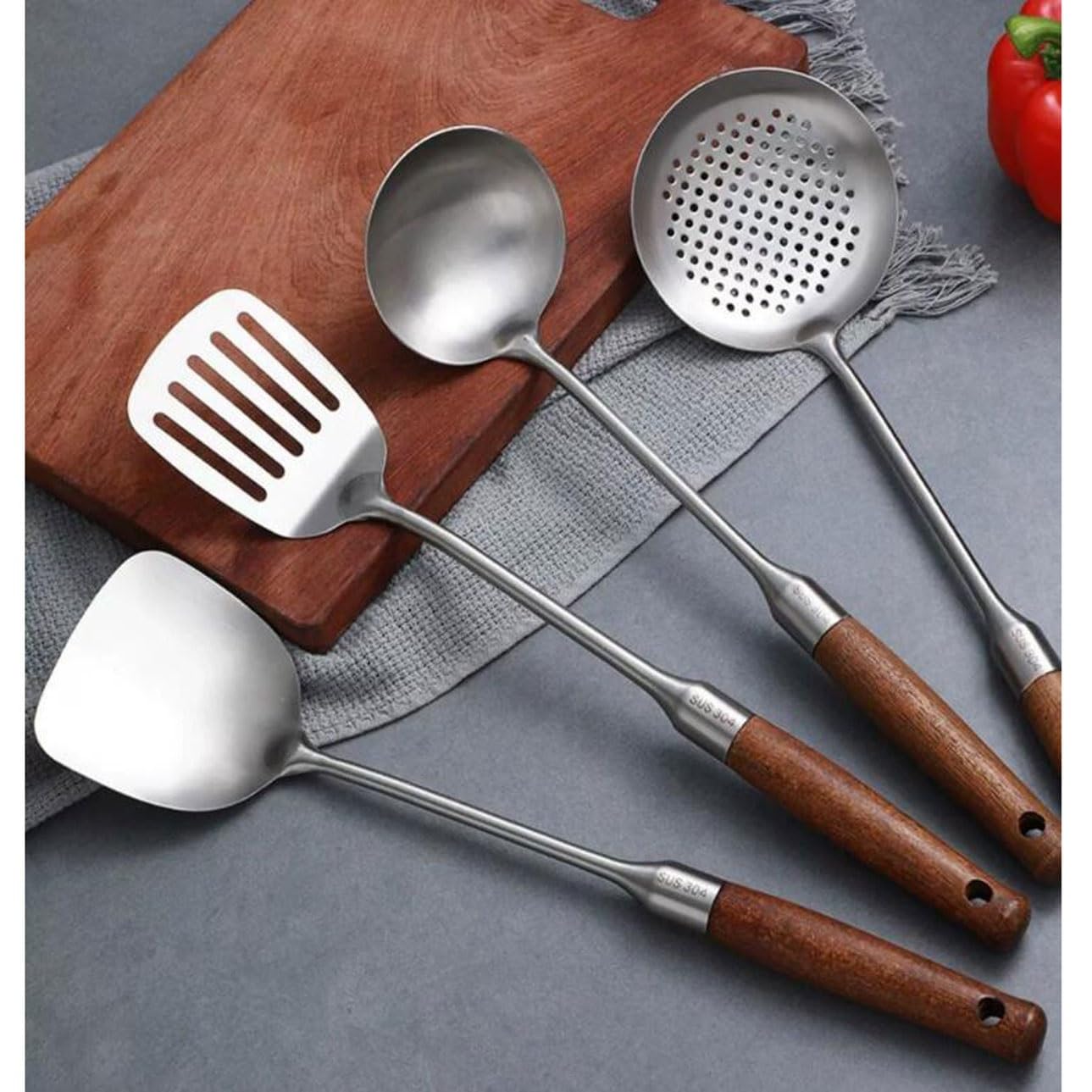 Löffel Küchenspatel aus Edelstahl 304 4-teiliges Set Küchenutensilien Drainagelöffel Gadget aus Holz