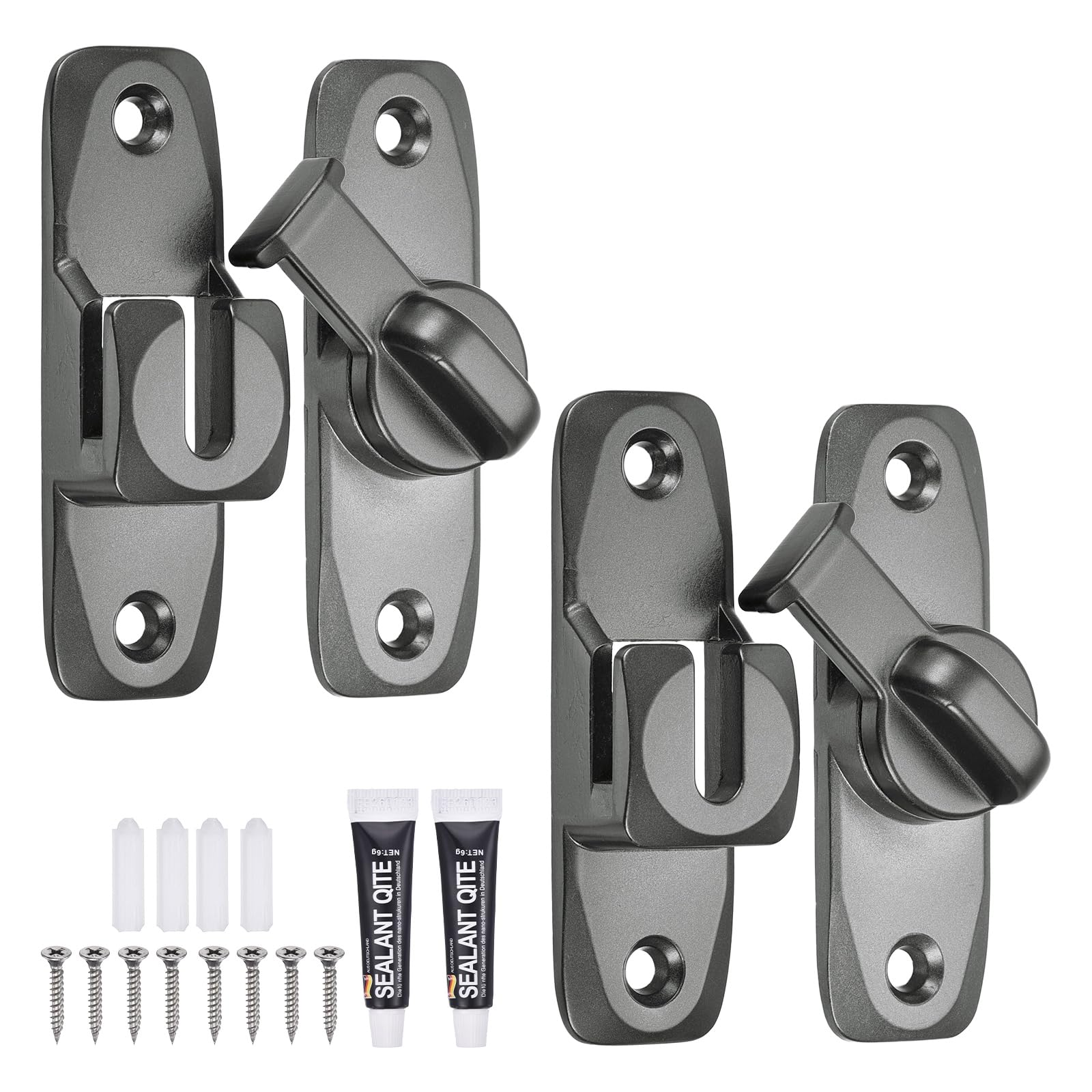 sourcing map 2Pcs Barn Door Lock, 90/180 Degree Flip Barn Door Lock Aluminium Alloy Sliding Security Latch with Screws & Nail-Free Adhesive for Garden Bathroom Garage, Gray