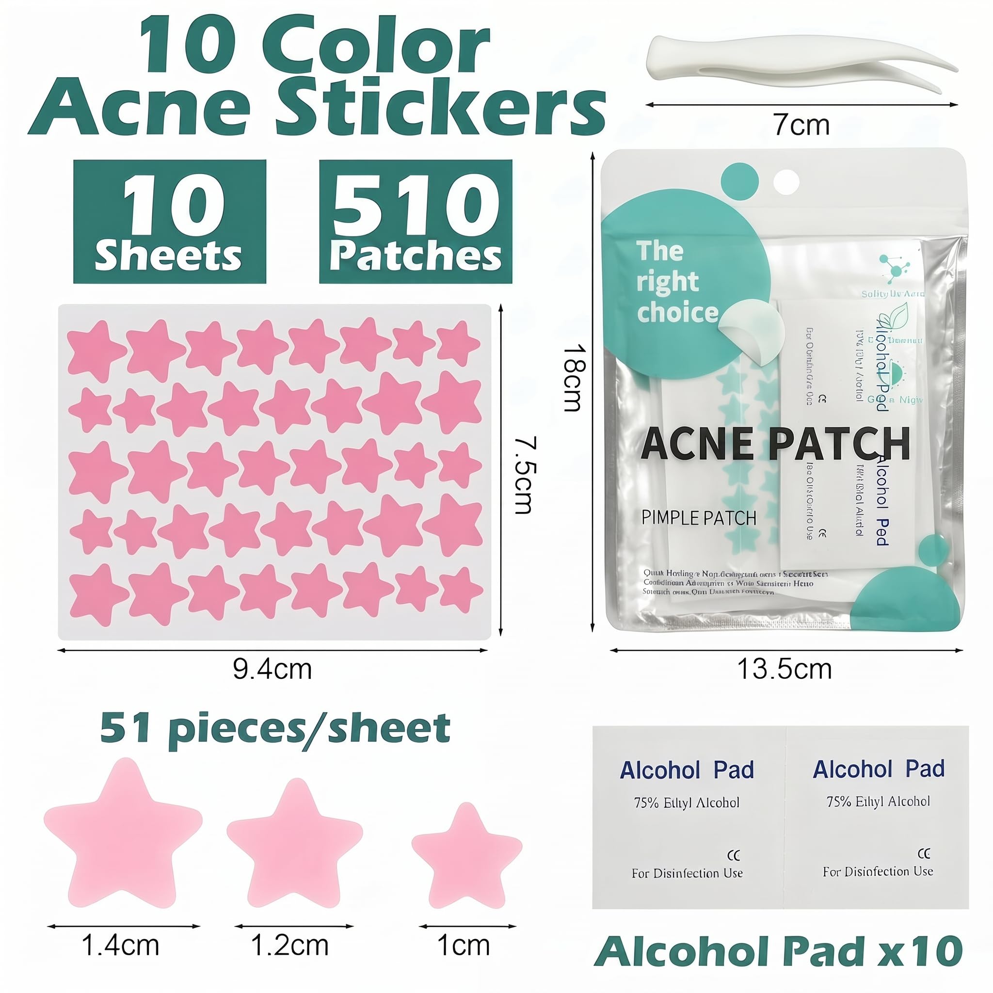 510 Stück Sterne Pimple Patches in 10 Farben, Großpackung Hydrocolloid Patches Gesicht, Star Face Acne Patch mit 10 Alkoholtupfern & 1 Pinzette, Professionelle Zit Stickers für alle Hauttypen - 4