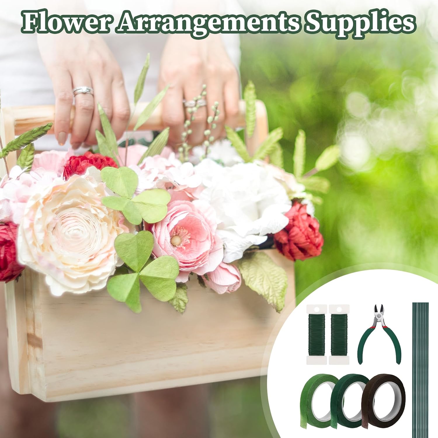 Flower Arrangements Supplies Kit with Floral Tape, 22 Gauge Floral Wire, 26 Gauge Flower Stems, Wire Cutter, Bouquet Accessories for Wreath, Christmas Tree, DIY Craft