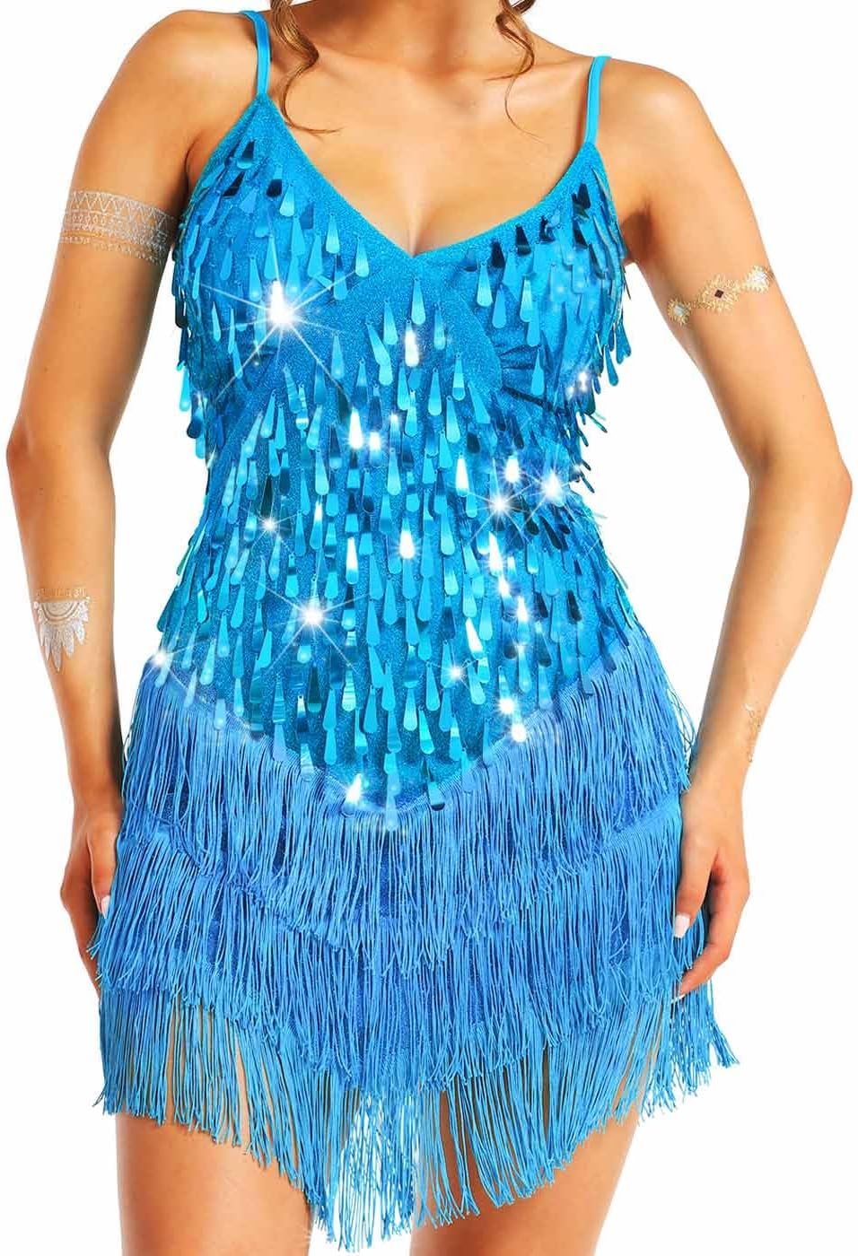 Nicute Salsa Latin Dance Dress Sequin Fringe Flapper Dress Tassel 1920s Vintage Tango Ballroom Dresses Costume for Women