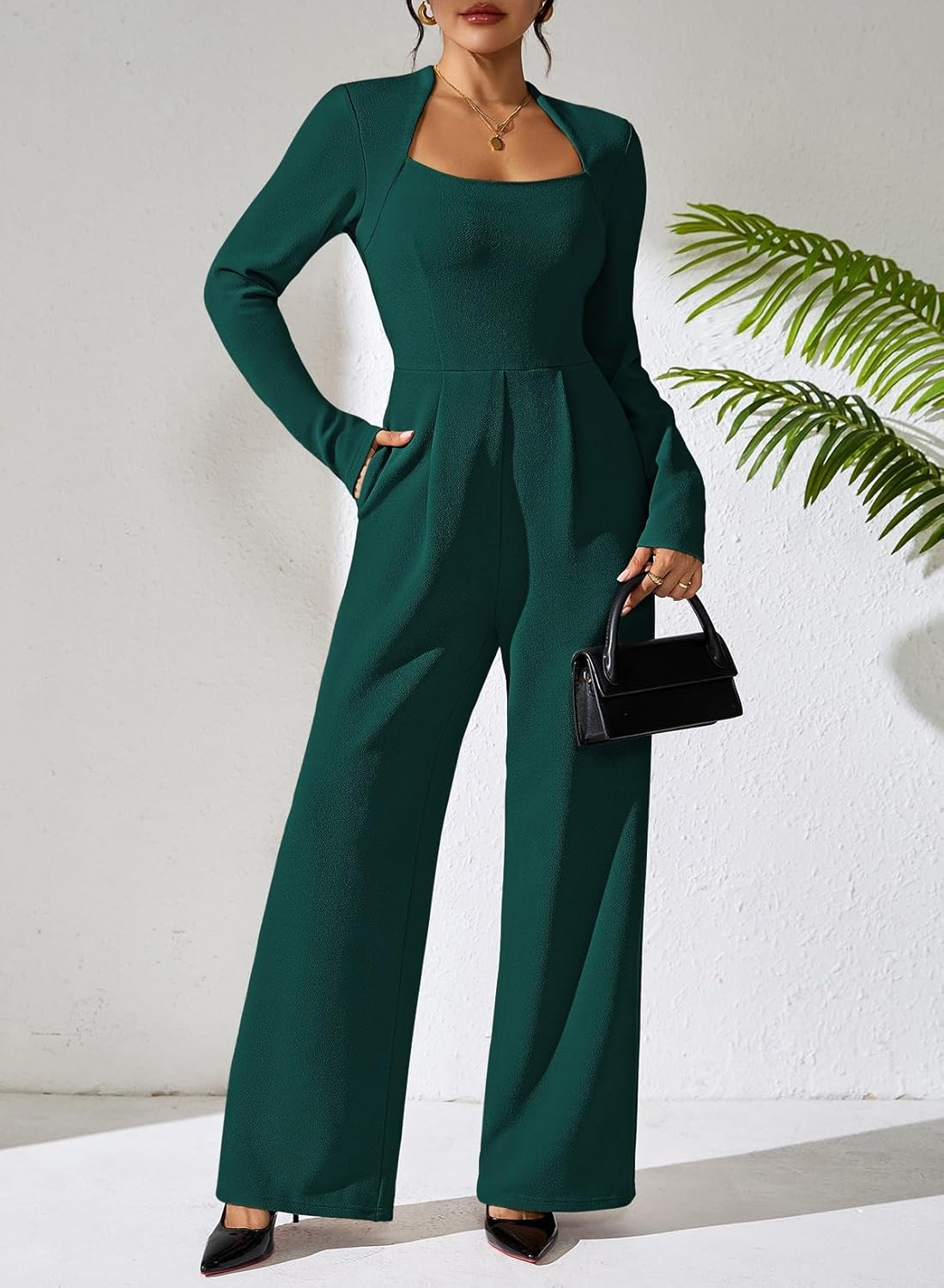 Pink Queen Jumpsuits for Women Dressy Scoop Neck Long Sleeve Wide Leg Romper One Piece Trendy Outfits - Image 7