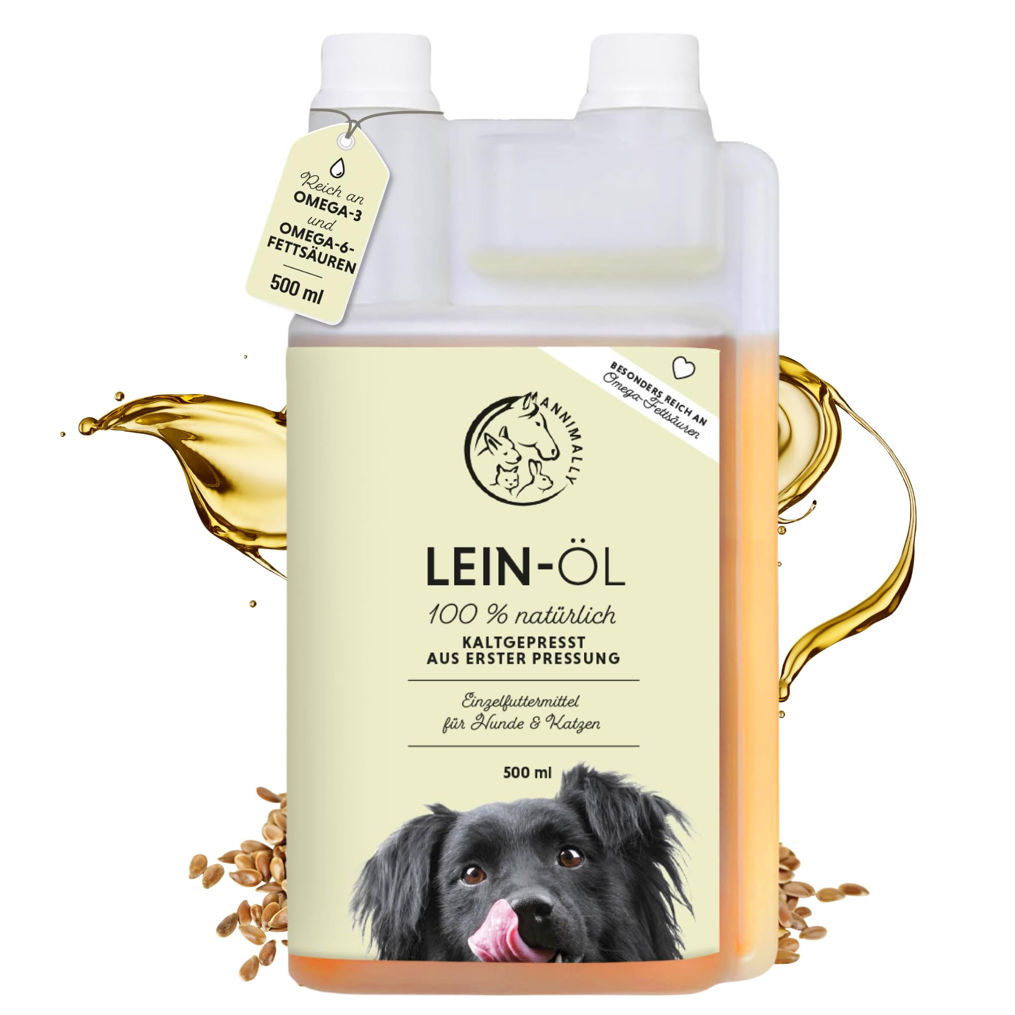 Annimally Leinöl für Hunde 500ml - Leinöl Hunde kaltgepresst reich an Omega 3 & 6 Fettsäuren & Vitamin B -Barf Öl für Hund, Katze und Pferd geeignet Reines Naturprodukt aus Deutschland - Leinöl Hund
