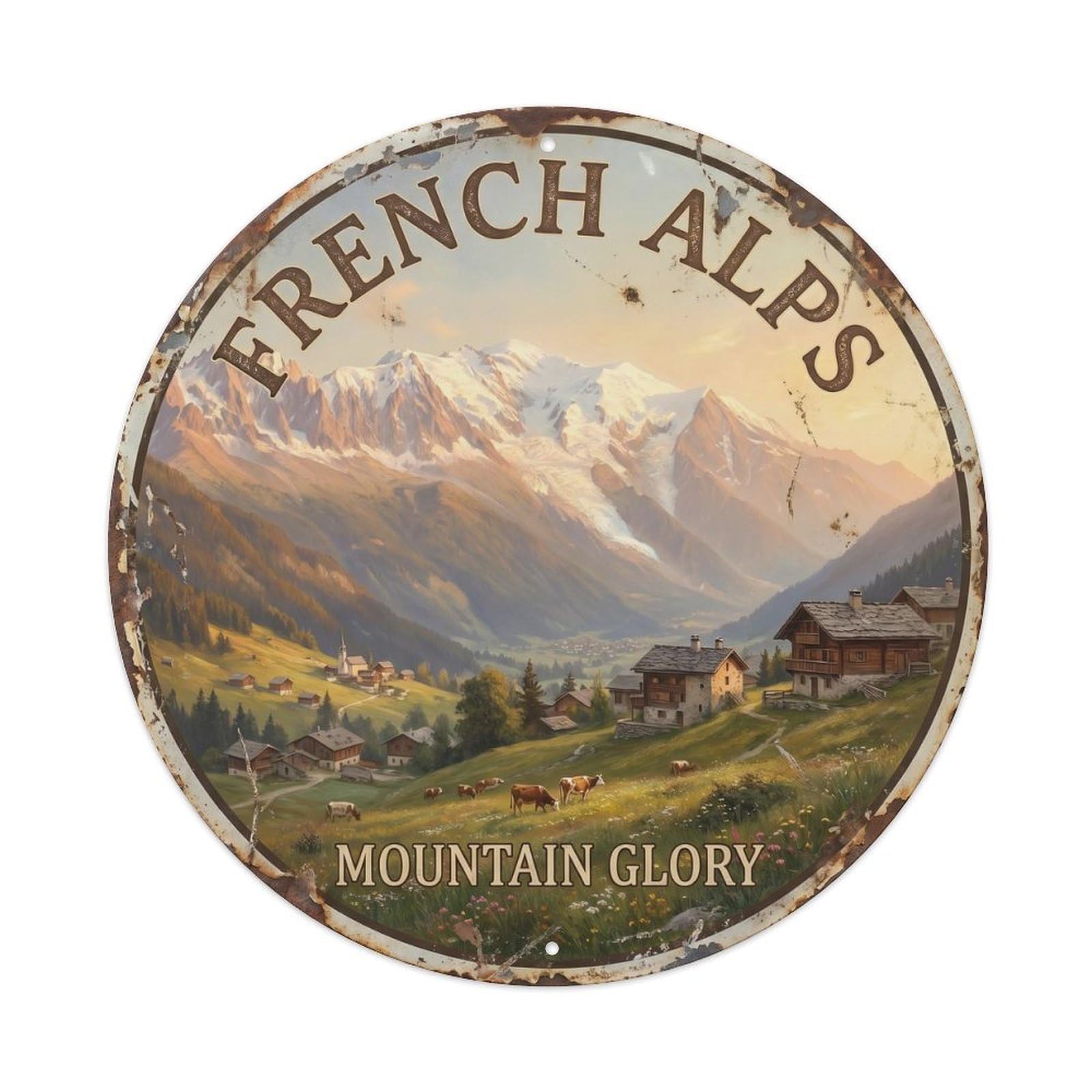 Vintage Travel Alpine Vista France Metal Tin Sign Plaque Wall Decor for Cafe, Club, Garden Round Metal Poster 8x8Inch