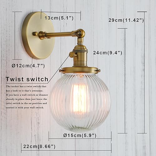 Miniatura 2 de PERMO Aplique de pared industrial vintage con mini pantalla redonda de vidrio acanalado de globo transparente de 5.9 pulgadas (antiguo)