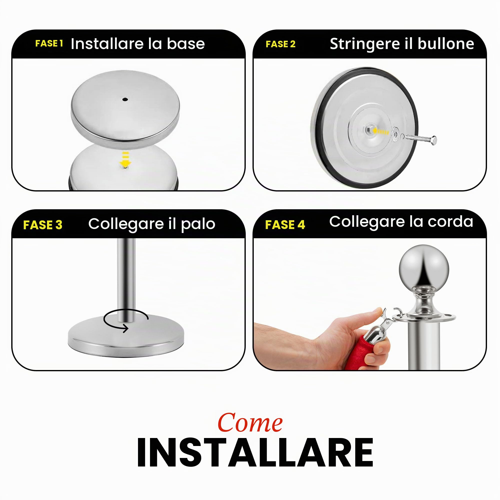 Pali distanziatori in acciaio inox 2 pezzi, altezza 90 cm, argento con corda di velluto rosso da 1,5 m, collegamento a 4 vie, base di diametro 31 cm, controllo della folla