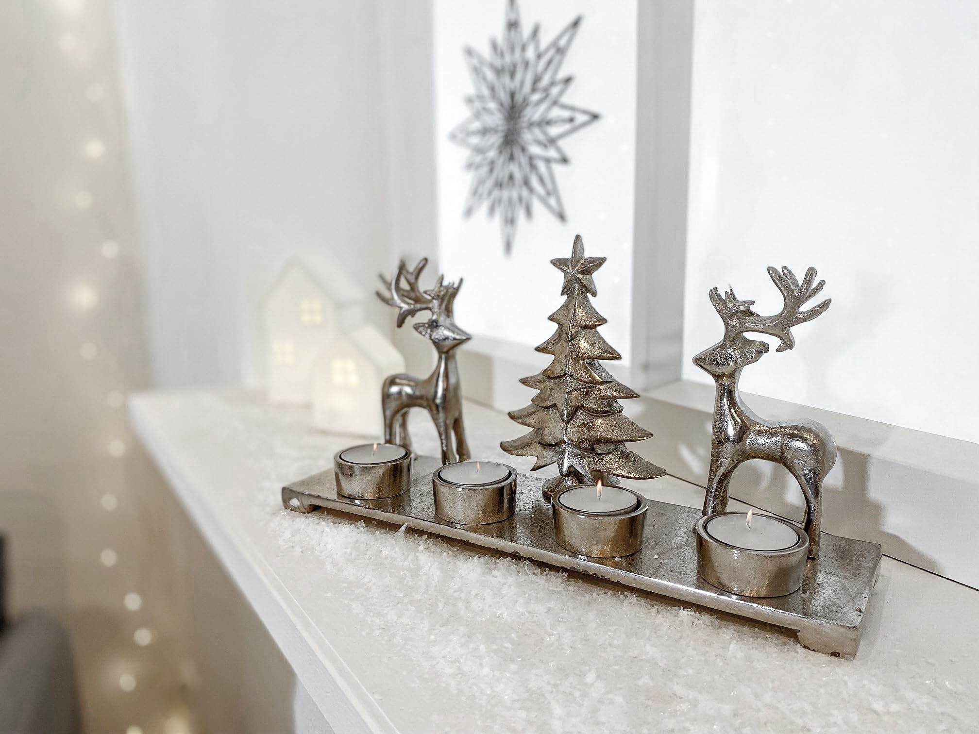 Kobolo Kerzenhalter Teelichthalter -Weihnachtsbaum+Rentiere- Metall - Silber - 33x10x17 cm