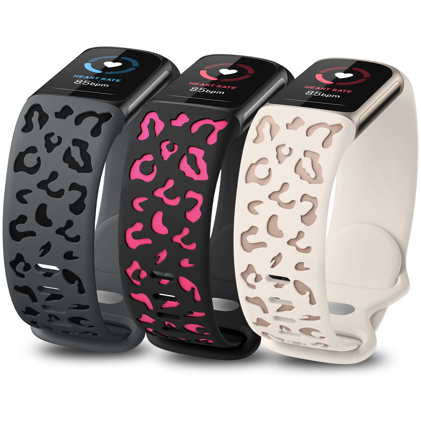 Minyee 3 Packs Leopard Engraved Band Compatible with Fitbit Charge 6 Bands/Fitbit Charge 5 Bands Women, Two-Tone Cheetah Pattern Soft Silicone Sport Designer Pretty Fancy Summer Strap for Charge 6/5
