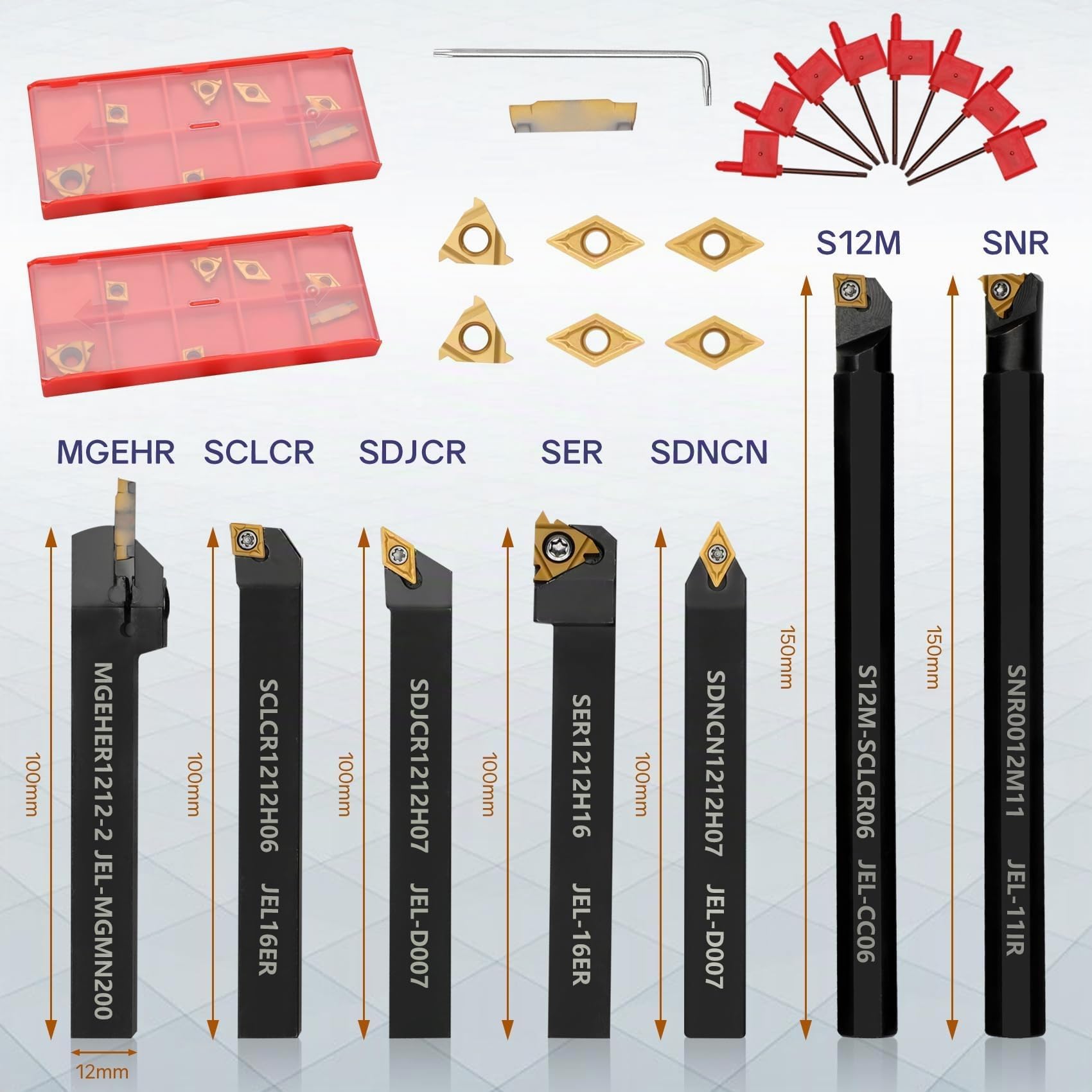 Lot de 21 outils de tournage indexables - Tige de 12 mm - 7 supports en métal avec 14 inserts de tournage pour tourner, rainurer, fileter, aléser les inserts en carbure de tungstène