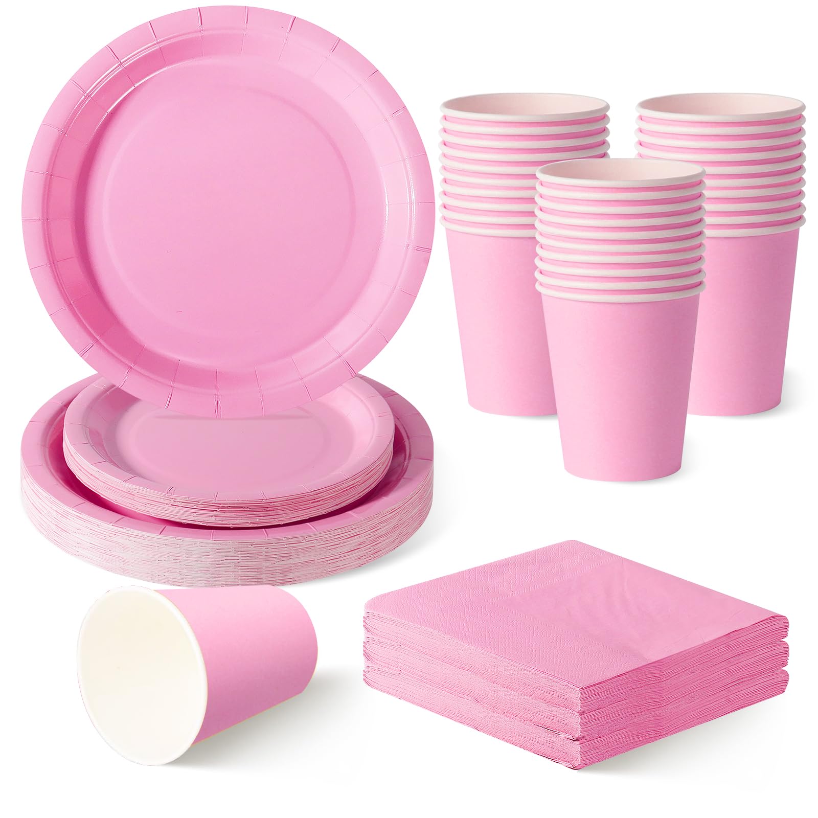 ZblPyro Blush Pink Party Tableware Set for 30 Guests | A Set of 120 pcs Includes 9" & 7" Round Paper Plates, Cups & Napkins | Baby Shower for Girl, Pink Birthday Party & Romantic Gathering — image 1