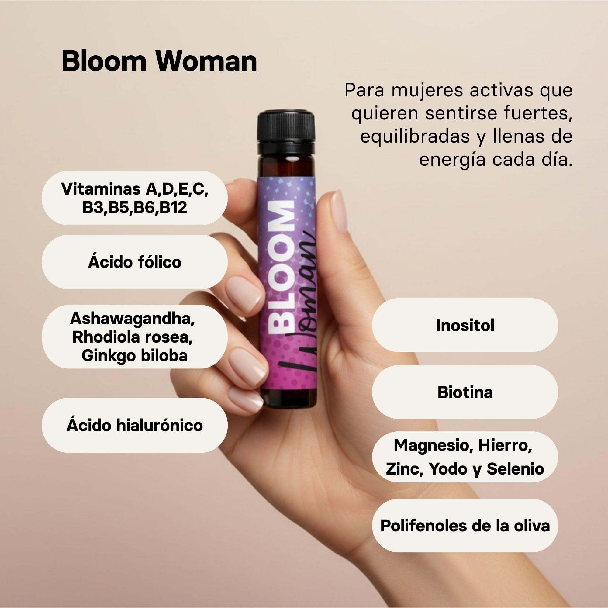 Bloom Woman — Complemento Alimenticio para la Mujer | Equilibrio Hormonal, Energía, Mente, Piel y Sistema Inmunitario | Con Ashwagandha, Magnesio, Inositol, Vitaminas y Minerales — 28 dosis bebibles