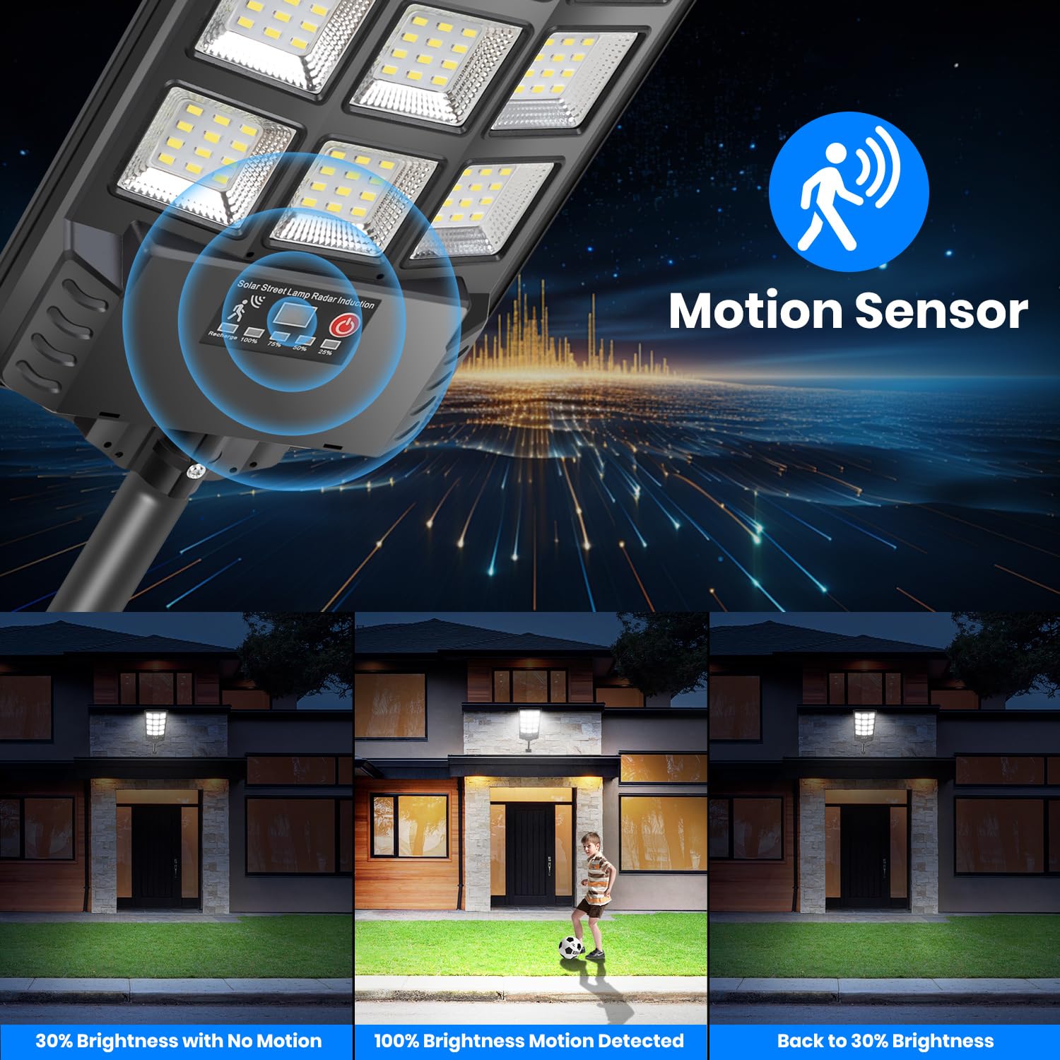 Farolas Solares Exterior 400W, 6500K Potente Foco LED Solar con Control Remoto, IP67 Impermeable Farola Solar Sensor de Movimiento, Lámpara Exterior Luz de Seguridad Jardín Patio, 1 Pack