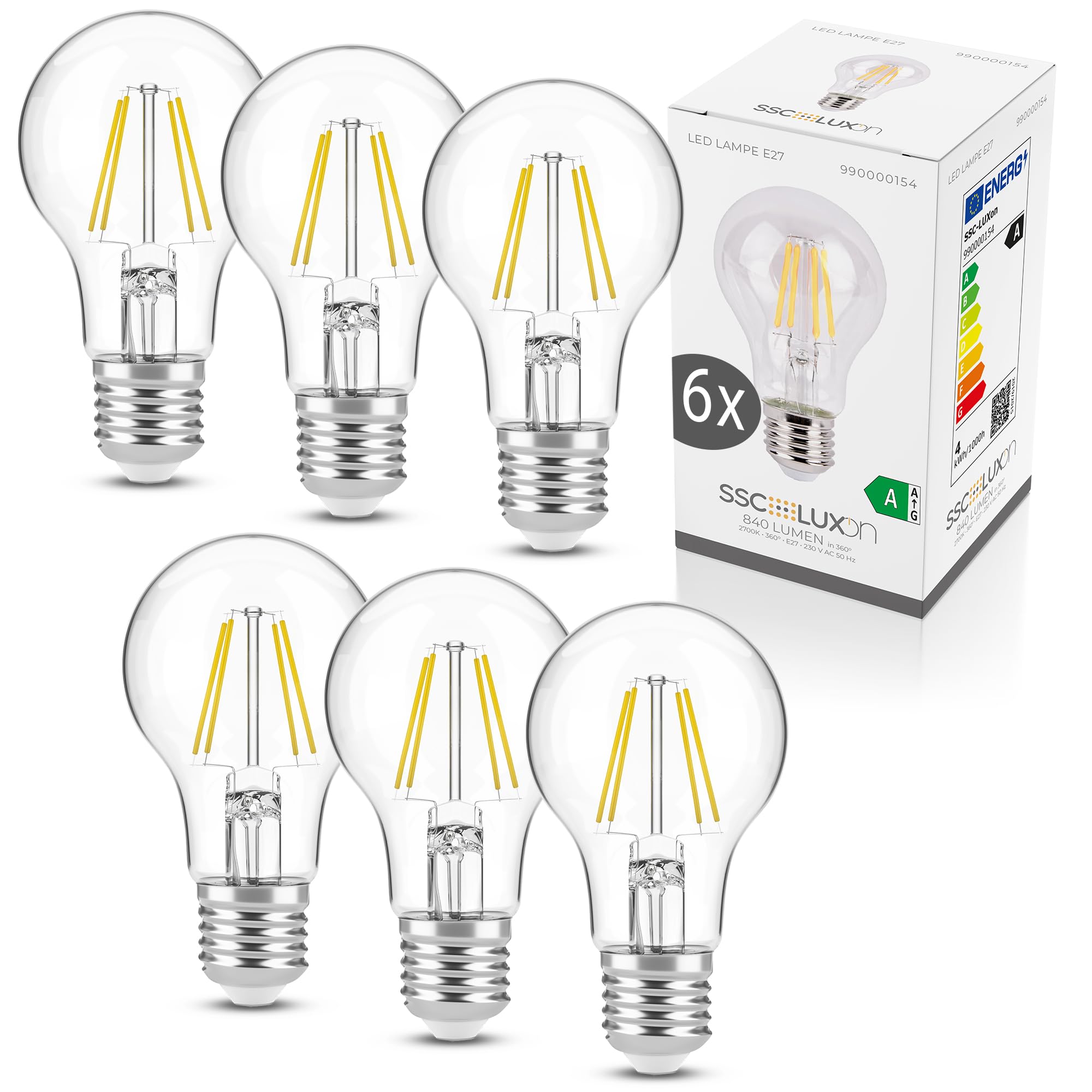 SSC-LUXon - Lote de 6 bombillas LED E27, filamento blanco cálido, 4 W, bombilla LED de bajo consumo, equivalente a 40 W, para lámpara y plafón