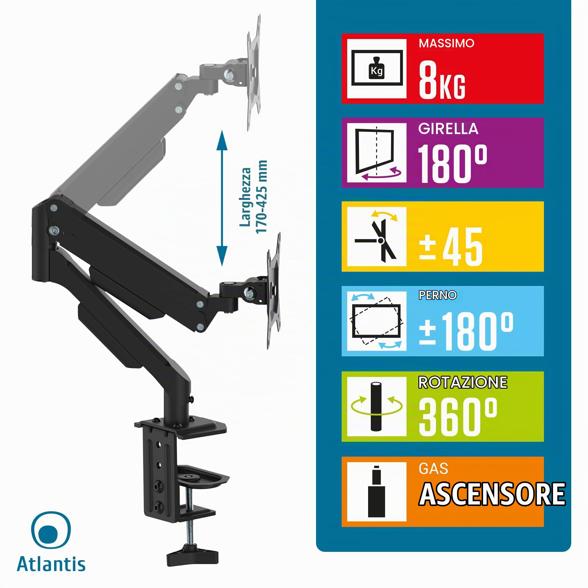 Atlantis P022-D306ASN GAS Lift Supporto e Braccio per Monitor PC singolo da 13" a 32",Max 8Kg. Altezza regolabile, snodabile. Inclinaz +/- 45°, Pivot +/- 180°, Rotaz 360° e Giro 180°. Vesa 75/100.