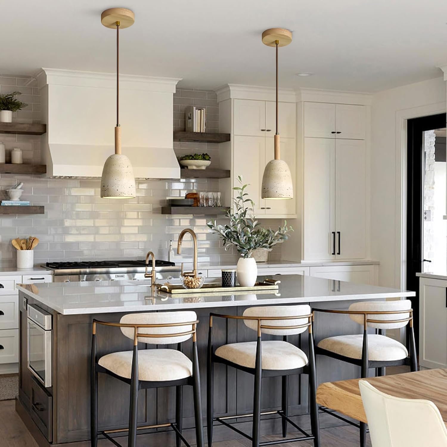 Japanese Style Wabi Sabi Stone Shade Pendant Lamp, Modern Wood Pendant Light, Bedroom Bedside Pendant Light for Living Room Dining Room Table Ceiling Hanging Lamp