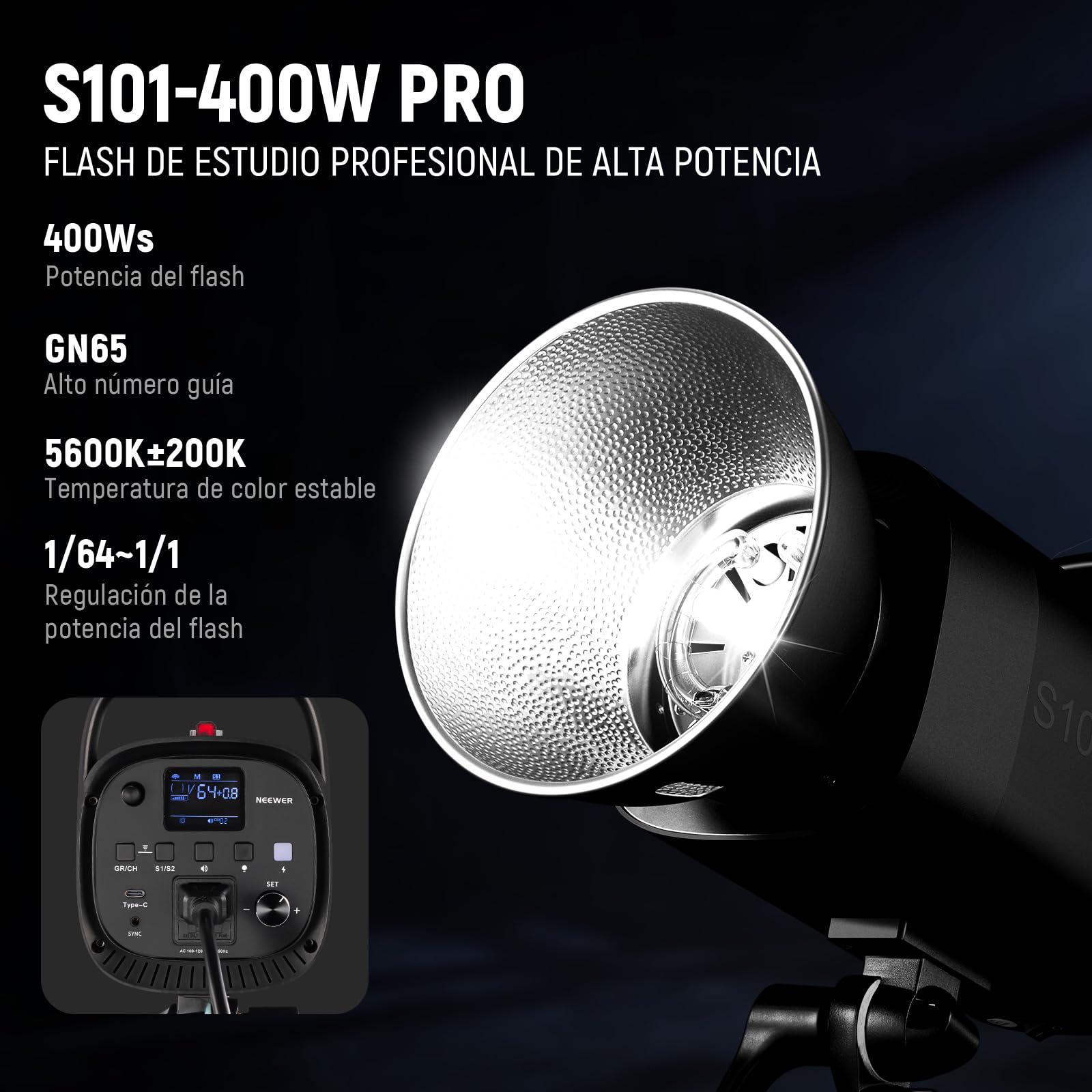 NEEWER S101-400W Pro Strobe Flash Luz con 2.4G Disparador 150W Lampara 400Ws GN65 5600K Bowens Mount Reflector Modo S1/S2 Ventilador Compatible con QPRO para Fotografía Retrato Productos Estudio