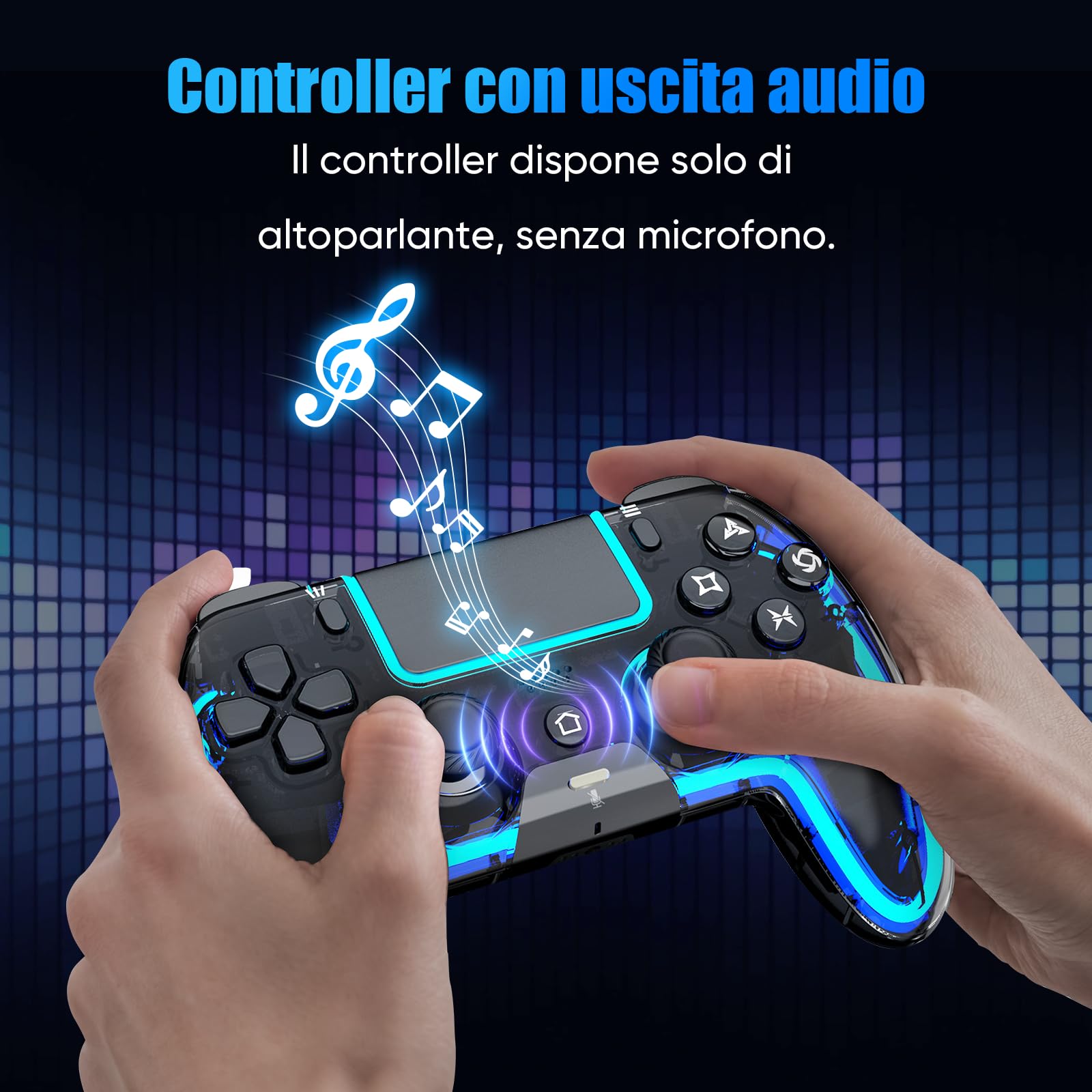 BETMI Controller Wireless per PS5 Pro/Slim, compatibile MAC/Steam Deck/PC, joystick Effetto Hall, doppia vibrazione/Macro/Turbo, jack 3,5mm, 6 assi, gamepad LED con altoparlante (Transparent Black)