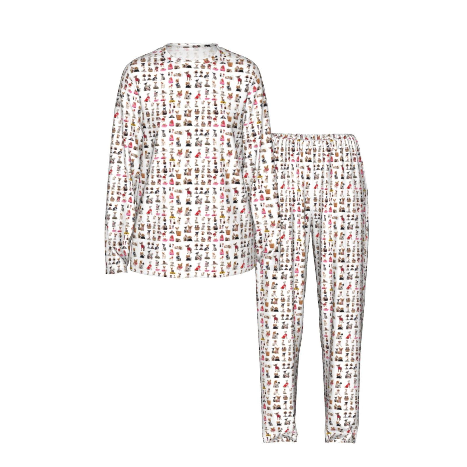 Carino Chihuahua Pug Modello Stampa Delle Donne Maniche Lunghe Pigiama Set Morbido Elastico Coulisse Casual Daywear