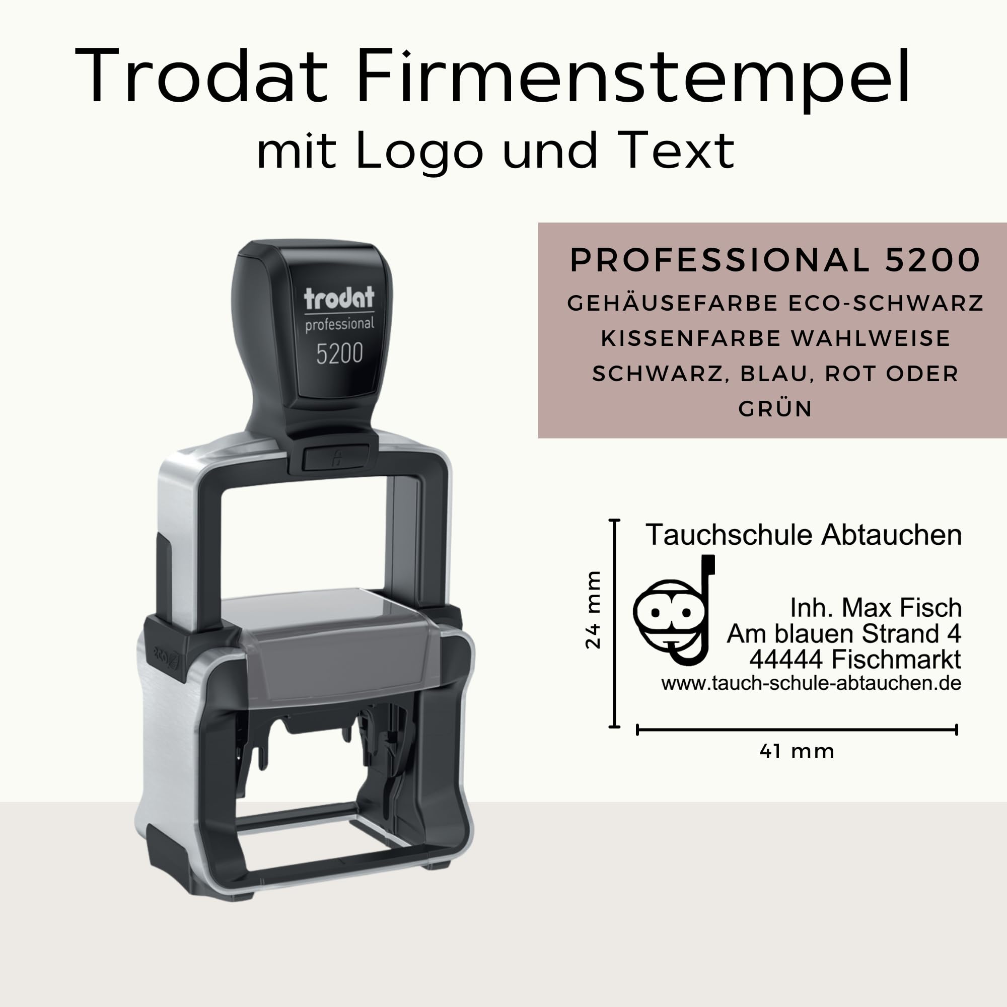 Trodat Firmenstempel mit Logo und Text – Professional 5200 – Personalisierter Stempel zum Bestellen mit bis zu 5 Zeilen, Abdruck 41x24 mm