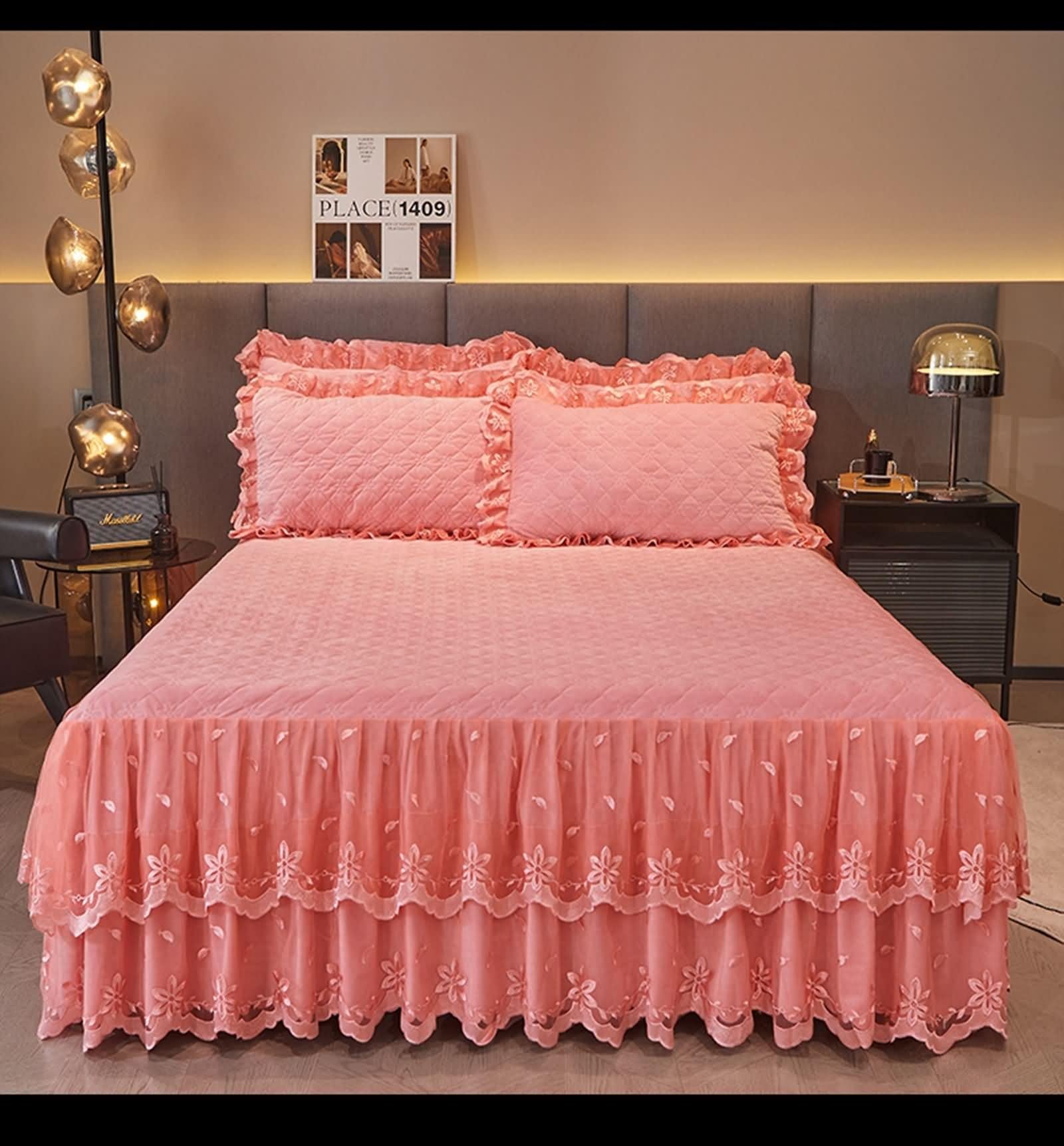 Spannbettlaken Topper, Spannbetttuch Rosa Unifarben mit Rautenmuster Samt 180x220cm