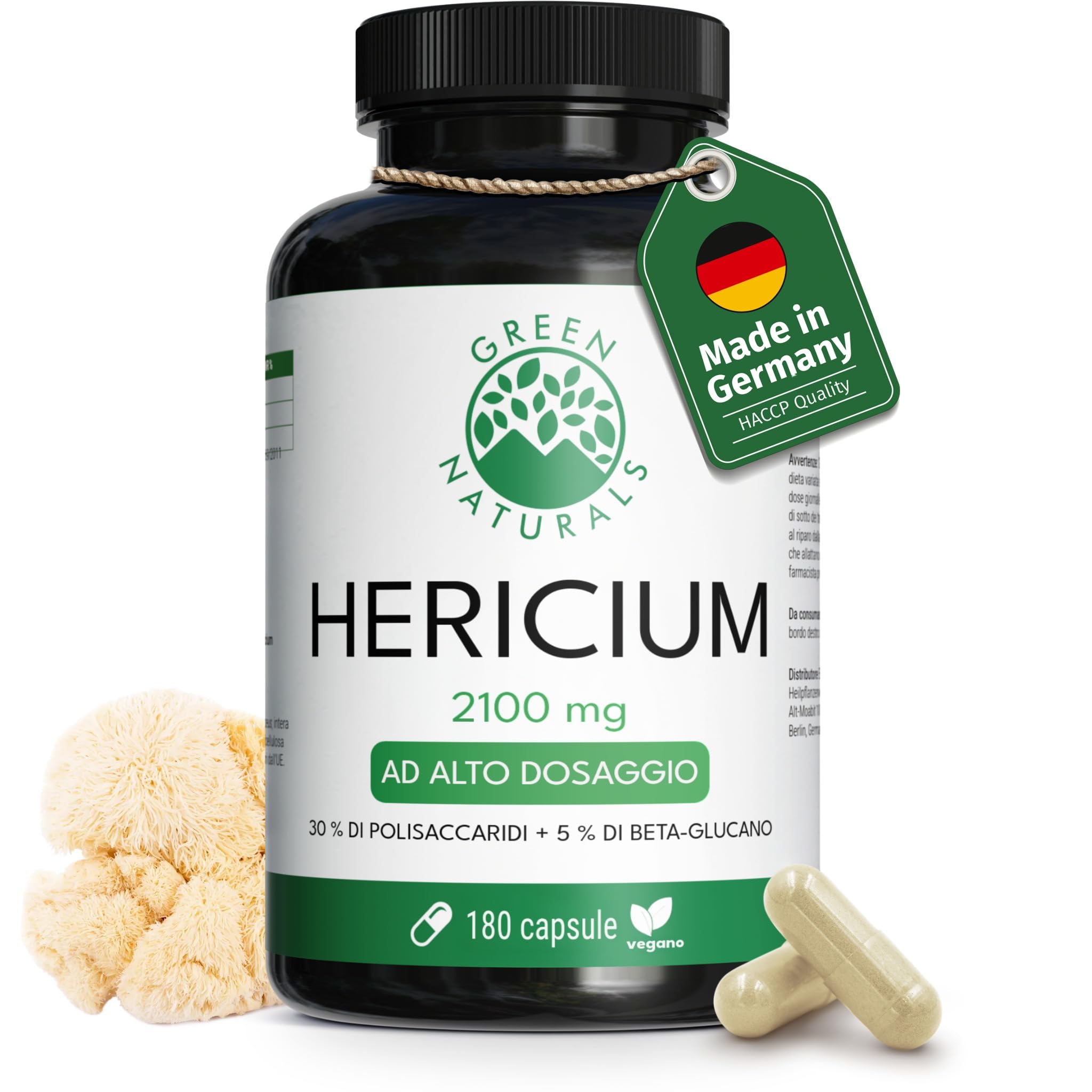 Green Naturals® Lion's Mane – 2100 mg di estratto di Hericium Erinaceus/giorno – 30% polisaccaridi + 5% beta-glucano – Criniera di Leone, vegano & senza additivi – Produzione tedesca – 180 capsule