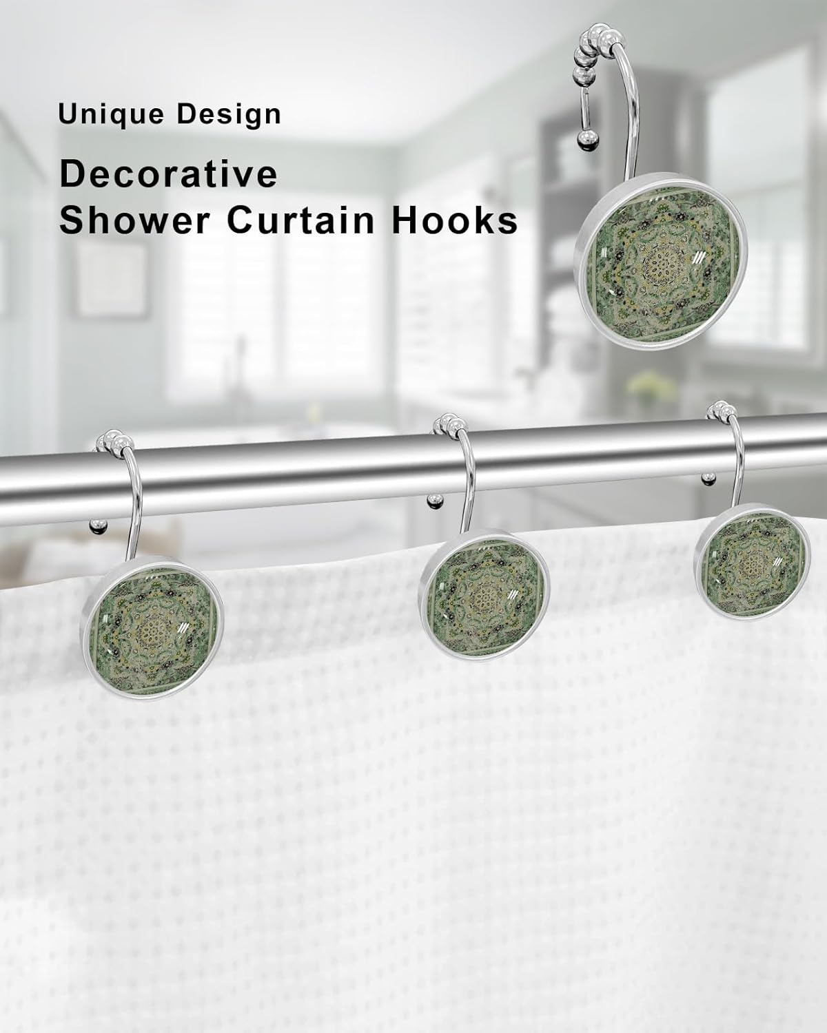 Turkish Pattern Shower Curtain Hooks, Medieval Vintage Mural Wallpaper 12PCS Shower Curtain Hooks Rings for Bathroom Stainless Steel Rust Resistant Shower Curtain Hangers