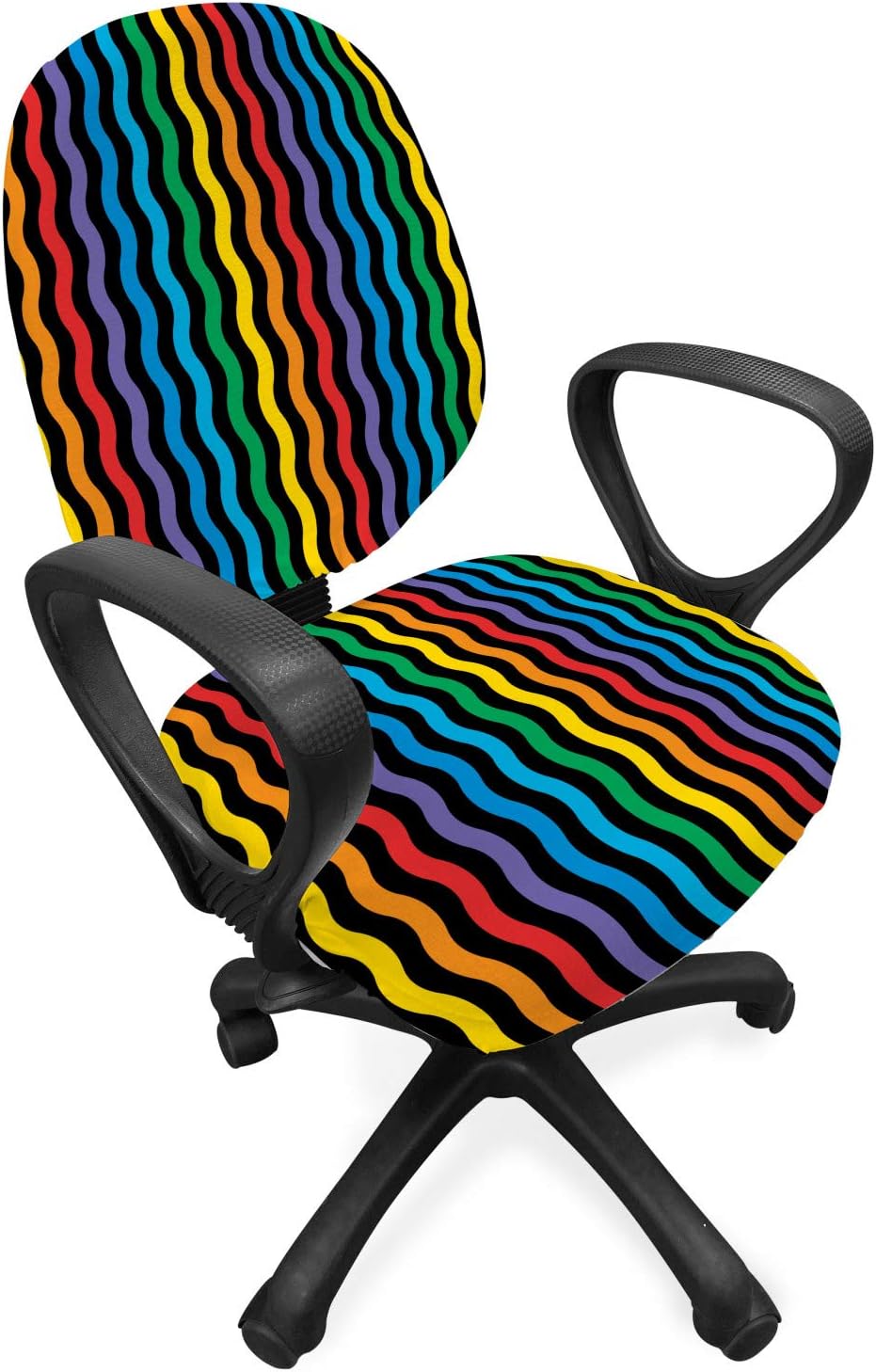 Ambesonne Purple and Yellow Office Chair Slipcover, Rainbow Like Colorful Optical Illusory Vertical Repetitive Wavy Stripes, Protective Stretch Decorative Fabric Cover, Standard Size, Blue Black