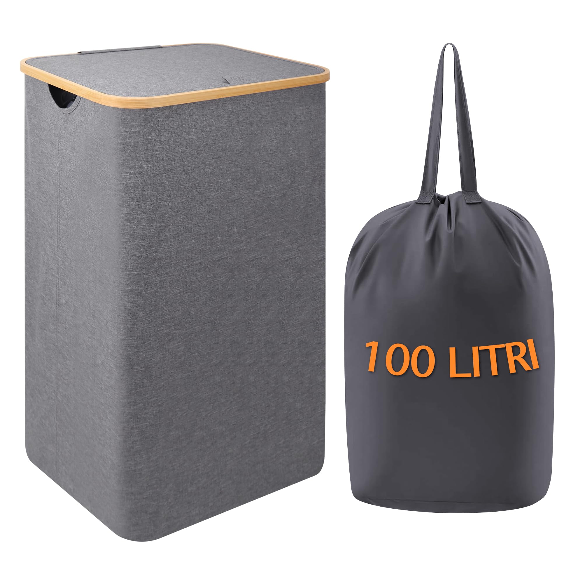 IlGruppone Cesto Portabiancheria con Coperchio Cesta Bucato 100L con Sacco Interno Removibile Tessuto Oxford Manici in bambù Pieghevole Grande Biancheria Sporca - Grigio