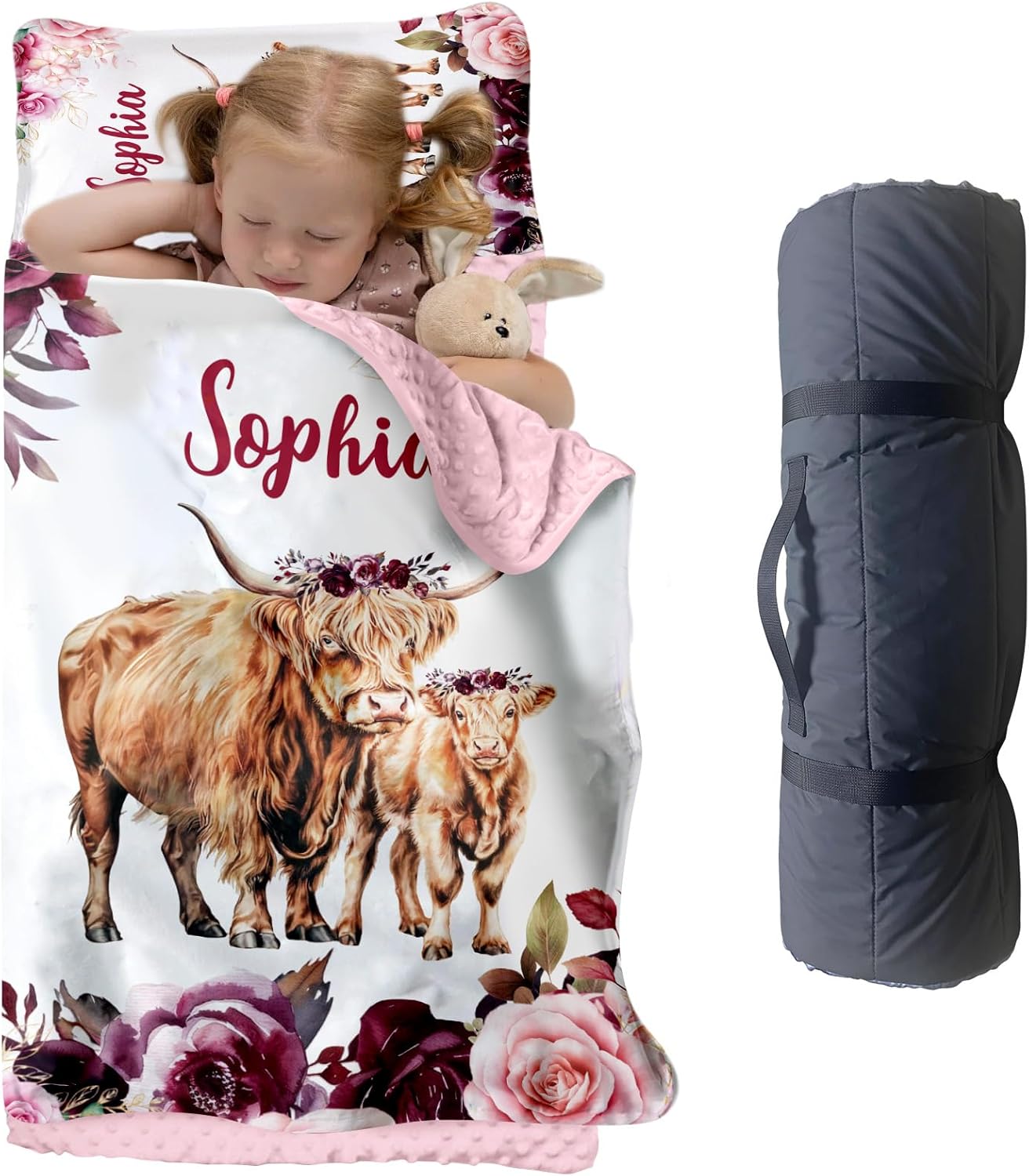 Personalized Elephant Nap Mat for Toddlers, Custom Floral Sleeping Bag with Nap Blanket, Pink Flower Theme Roll Up Mat