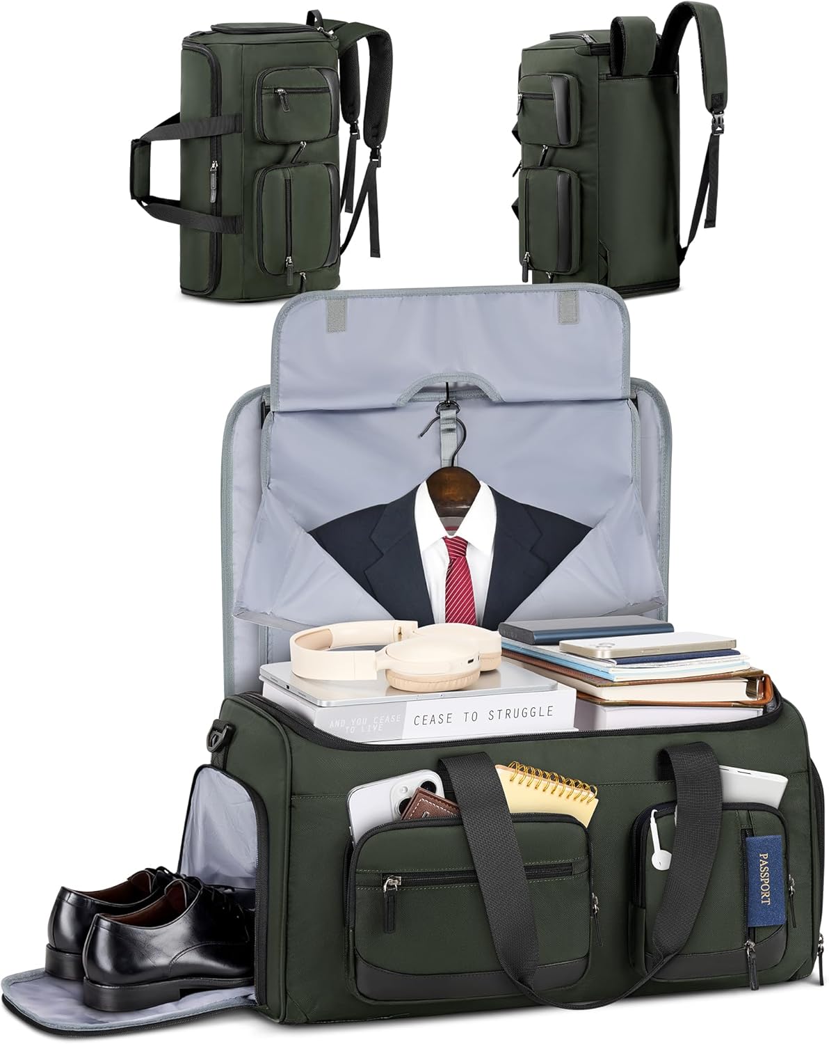 RAINSMORE Garment Bags for Travel, 45L Convertible Garment Duffle bag for Hanging Clothes, 3 in 1 Suit Travel Bag for Business Trips with Shoulder Strap, Carry On Suit Luggage for Men Women, Green - Amazon product rated Grade B