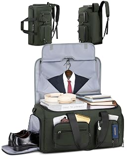 RAINSMORE Garment Bags for Travel, 45L Convertible Garment Duffle bag for Hanging Clothes, 3 in 1 Suit Travel Bag for Business Trips with Shoulder Strap, Carry On Suit Luggage for Men Women, Green - Amazon product rated Grade A