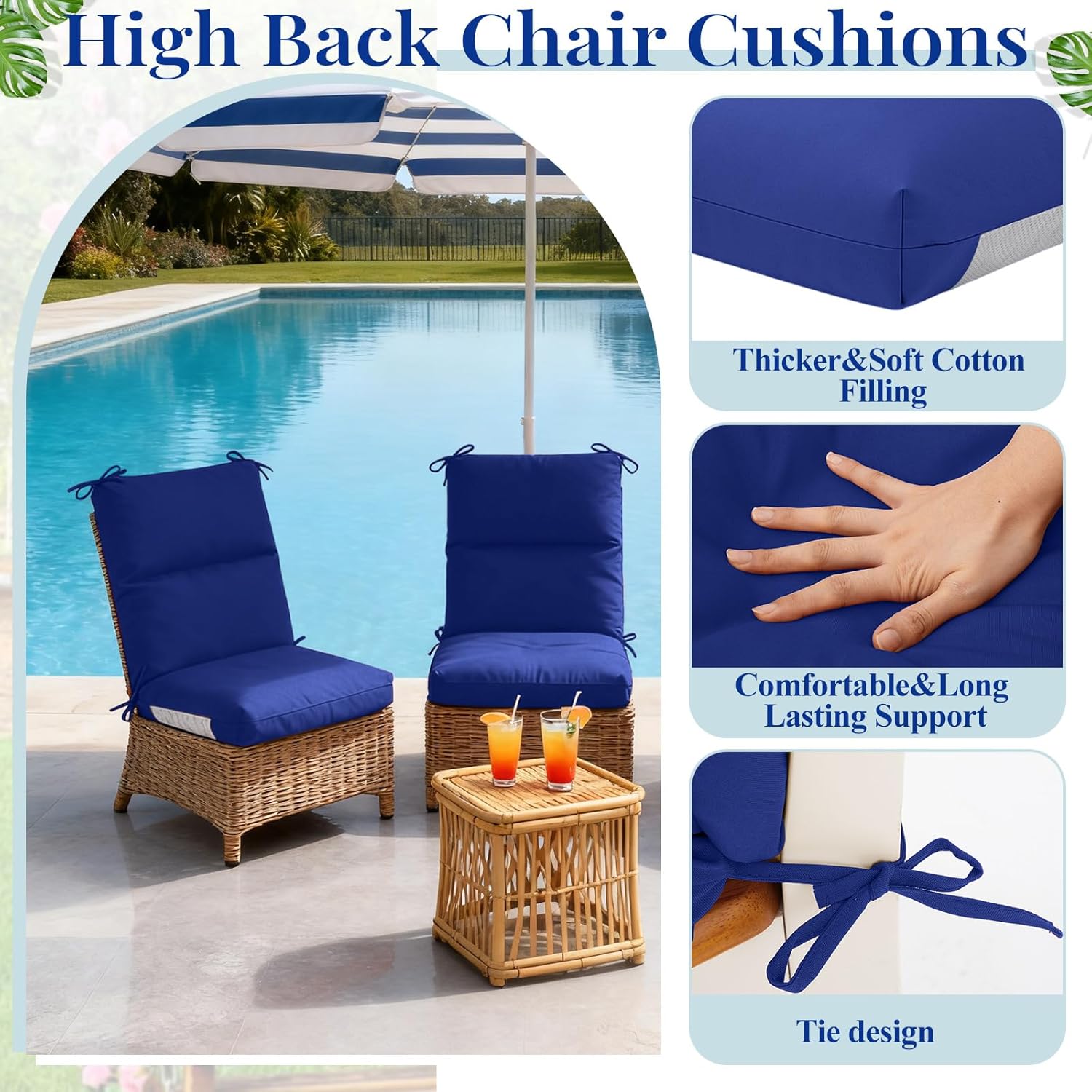 Geelin 4 Pack Outdoor/Indoor High-Back Chair Cushions 44×21 in, Stuffed Tufted Replacement Patio Chair Cushions with Ties Weather Resistant Pads for Patio Furniture (Navy Blue)
