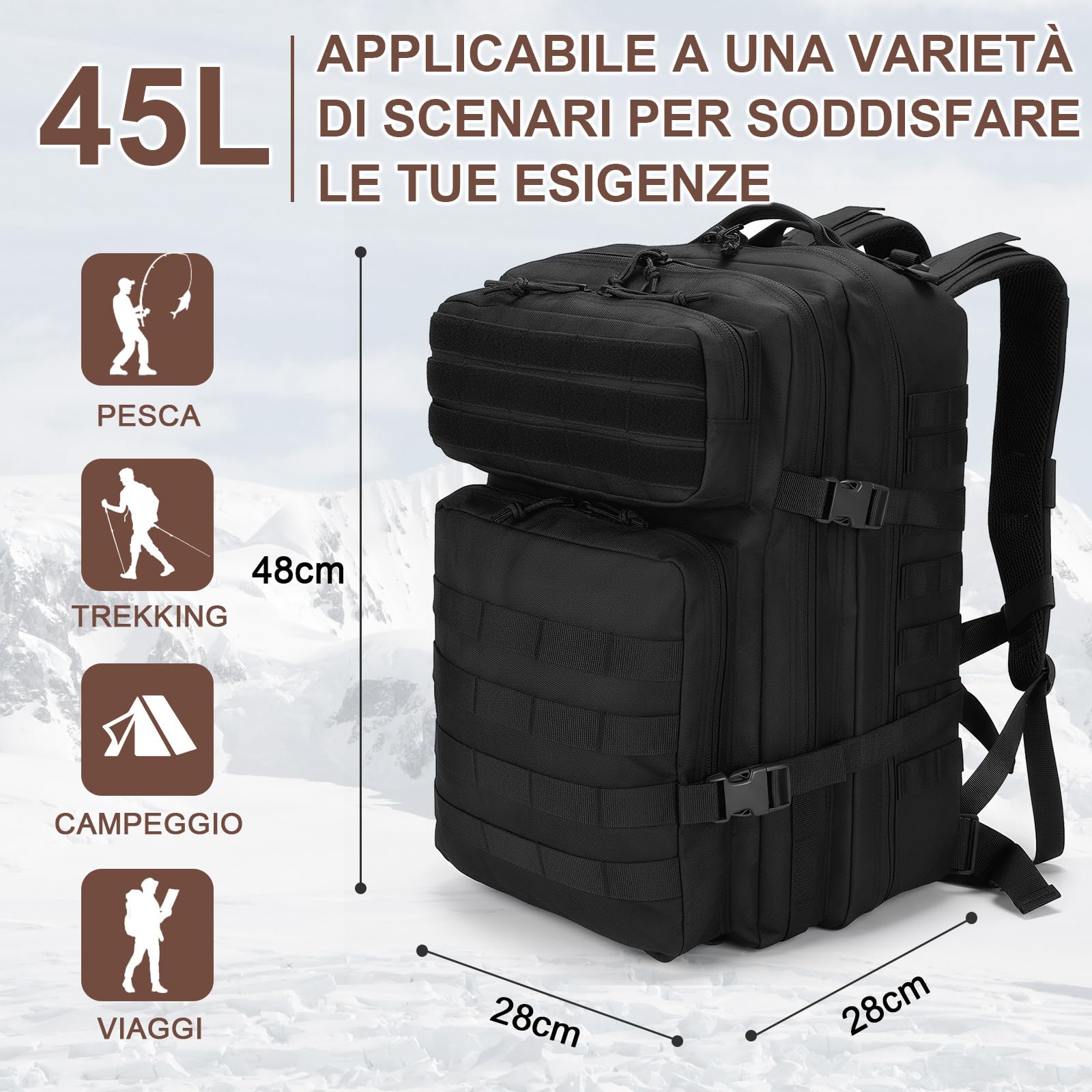 SHANNA Zaino Tattico Militare 45 Litri Impermeabile Grandi Zaini da Hiking Molle per Escursionismo Campeggio Caccia