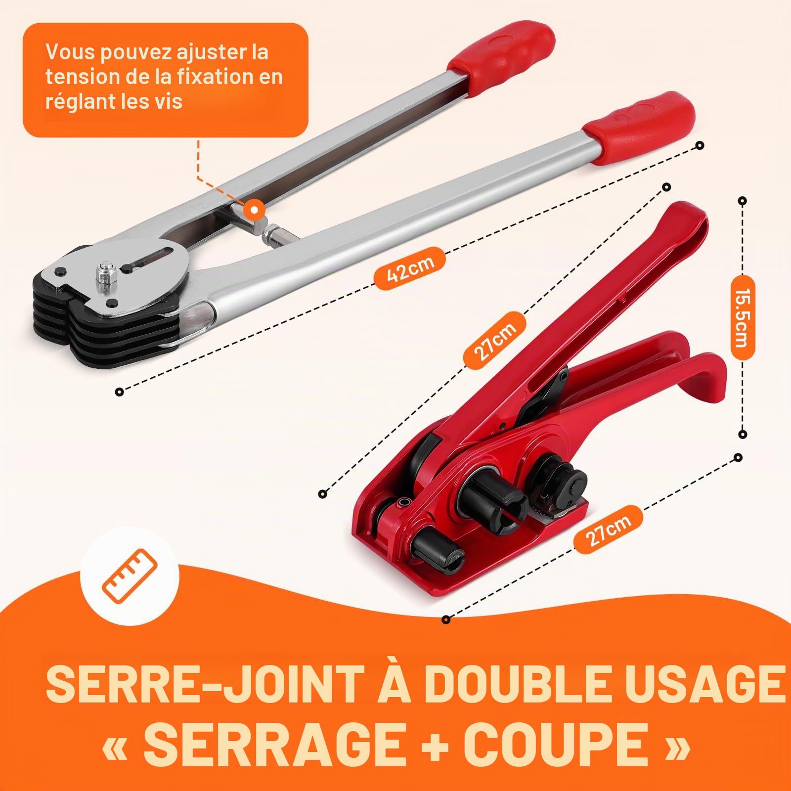 BAOSHISHAN Kit de cerclage PET/PP 12-16 mm Outils de cerclage pour palettes à usage intensif Outil de cerclage manuel (500 m de sangle PP, 100 boucles, 20 coins d'emballage)