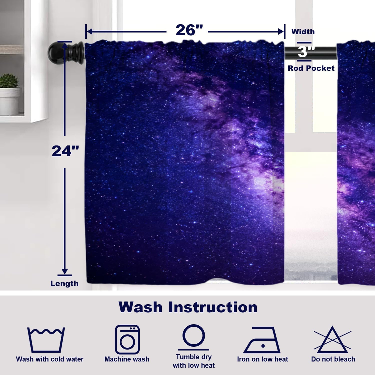 Batmerry Dark Purple Magical Universe Tier Curtains,Galaxy Window Treatment Short Kitchen Curtain Multilayer Polyester Blackout for Living Room/Bathroom, 2 Pack 26x24 inches