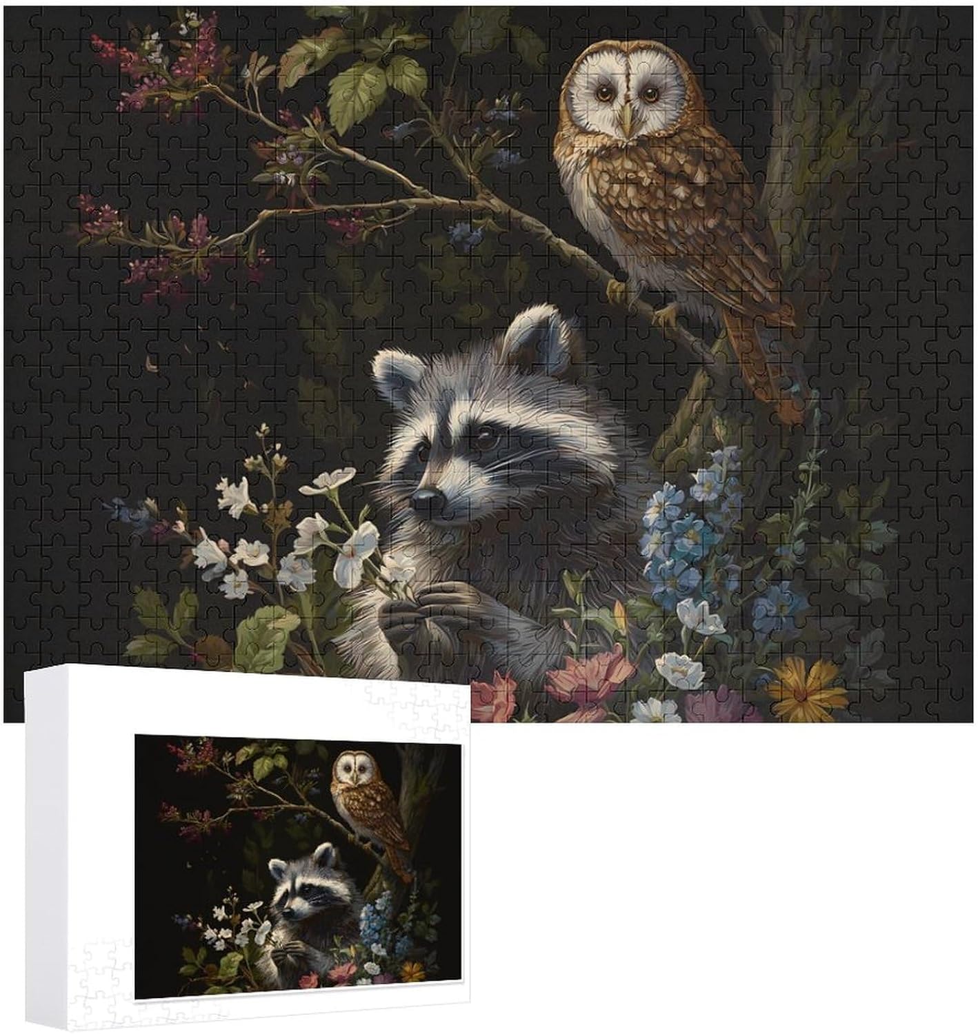 Wild Owl Raccoon Puzzles for Adults 500 PCS Wooden Jigsaw Puzzle Wall Decor Christmas
