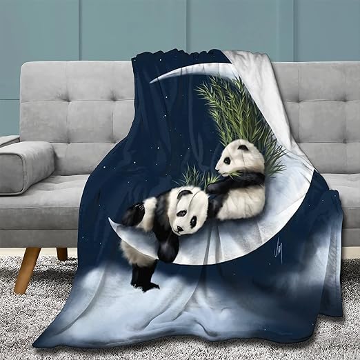 Cute Panda On The Moon Blanket Throw Size Lightweight Super Soft Cozy Luxury Bed Microfiber Perfect for Layering Any Bed for All Season 60